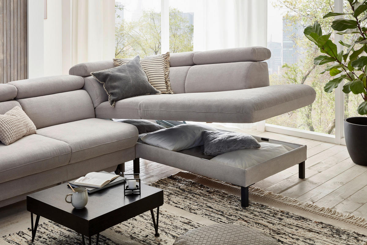 ECKSOFA in Cord Grau  - Schwarz/Grau, Design, Holzwerkstoff/Textil (272/217cm) - Pure Home Comfort