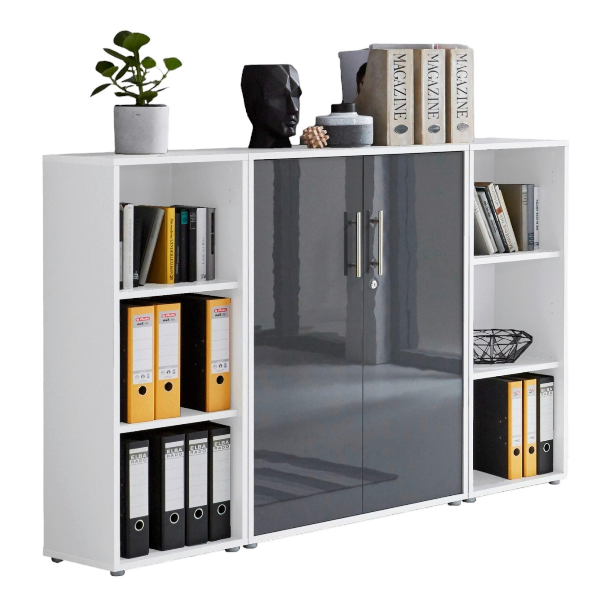 Mid.you Aktenschrank Office Edition - SW Set 2 niedrig Weiß, Anthrazit Hochglanz 173x114x33 cm