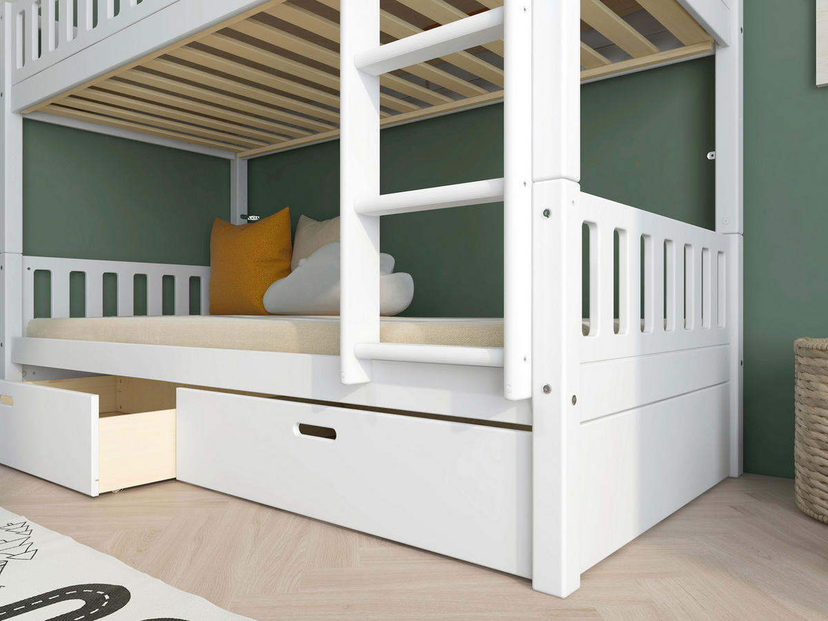 ETAGENBETT 90/200 cm,  in Absturzsicherung, Leiter, Rollroste, Bettschublade  - Weiß, MODERN, Holz (90/200cm) - Chameo