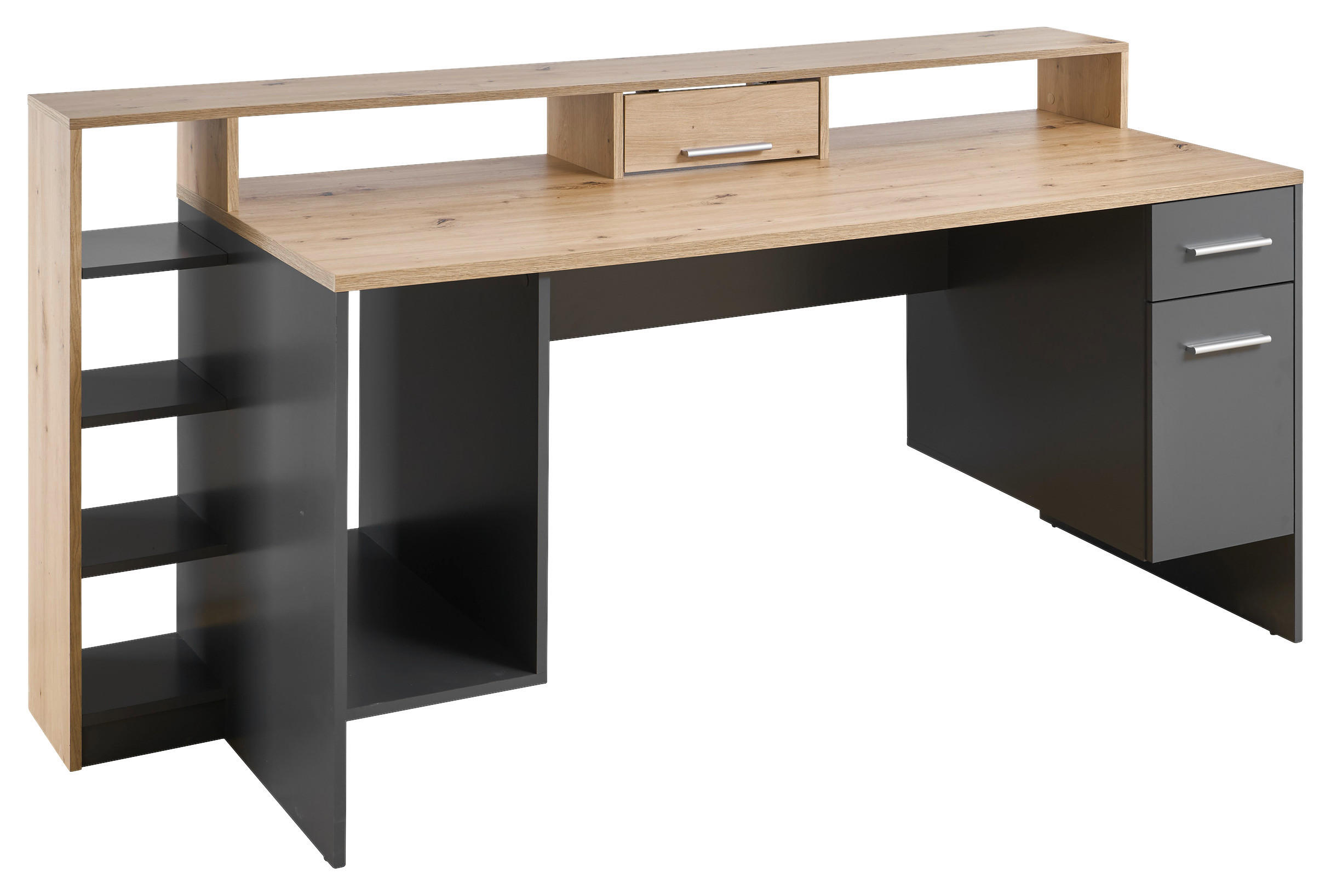 GAMING TISCH 182/70/91 cm in Grau, Eichefarben - Eichefarben/Silberfarben, Design, Holzwerkstoff/Kunststoff (182/70/91cm) - Livetastic