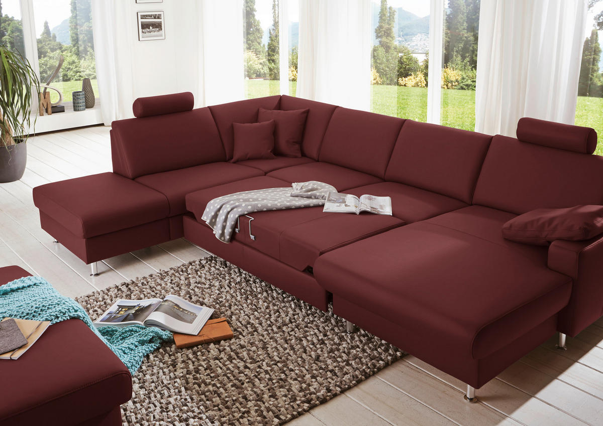 WOHNLANDSCHAFT in Echtleder Brombeere  - Brombeere/Alufarben, Design, Leder/Metall (233/339/165cm) - Beldomo Premium
