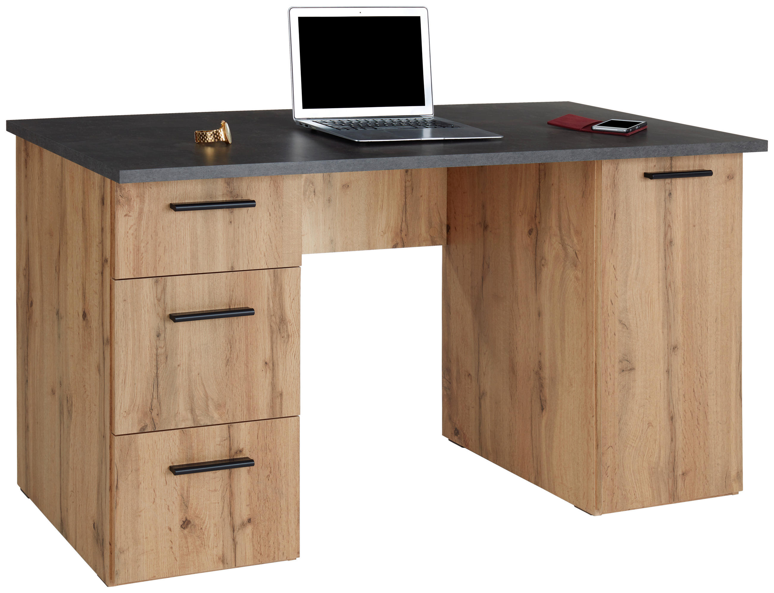 PISALNA MIZA leseni material barve hrasta  - barve hrasta/barve aluminija, Moderno, umetna masa/leseni material (138/76/60cm) - Carryhome