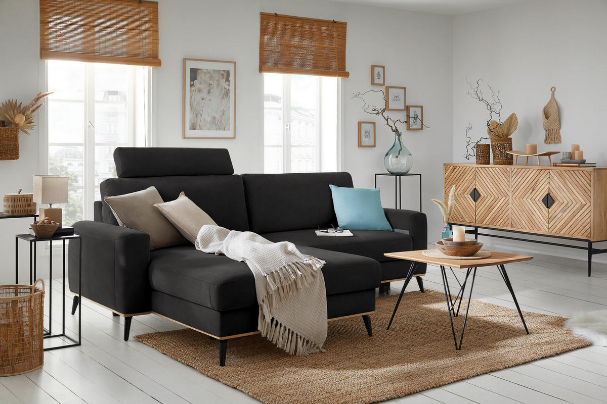ECKSOFA in Lederlook, Mikrofaser Dunkelgrau  - Dunkelgrau/Schwarz, Konventionell, Holz/Textil (167/234cm) - MID.YOU