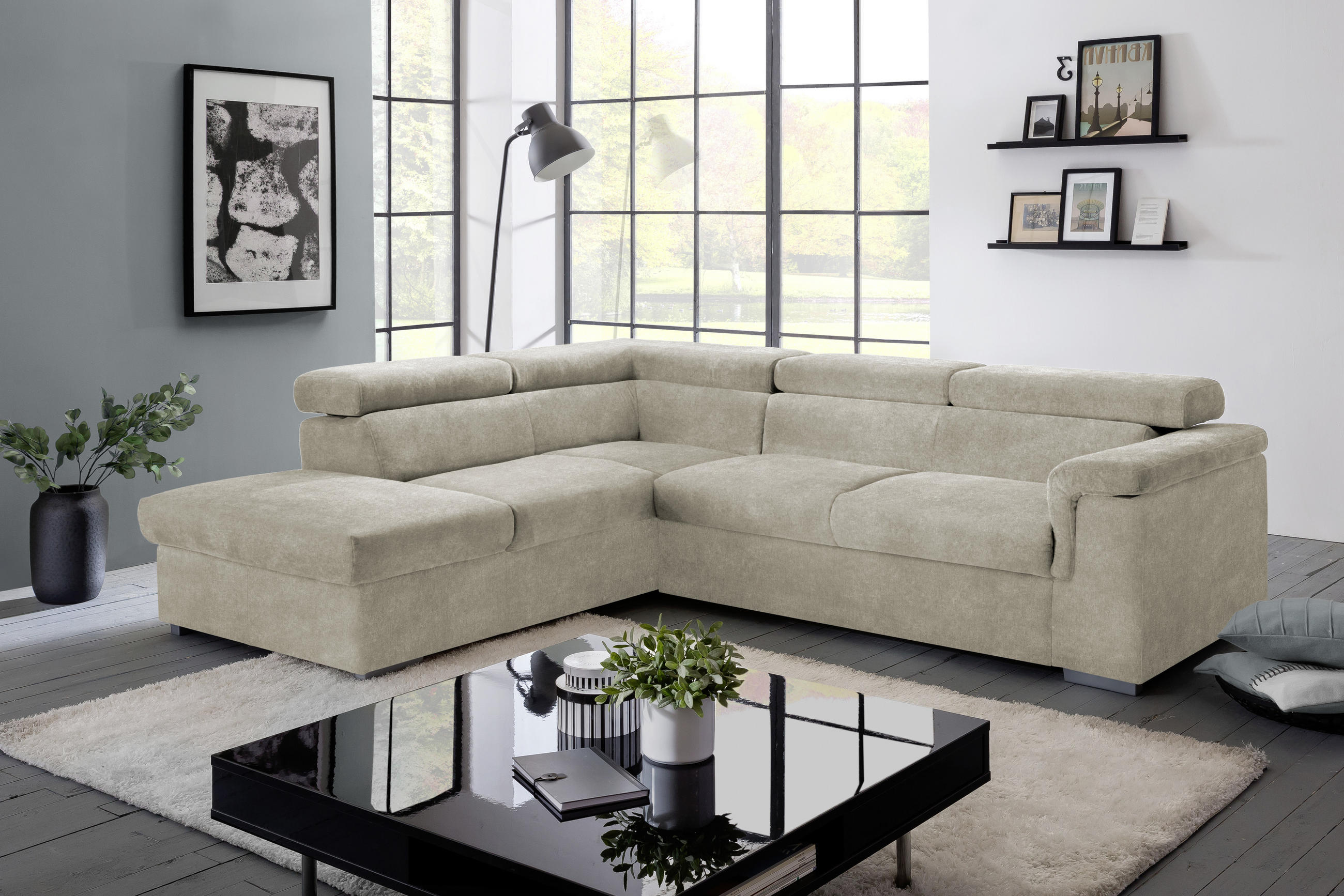 ECKSOFA Platinfarben Flachgewebe  - Platinfarben, Basics, Holz/Textil (217/252cm) - MID.YOU
