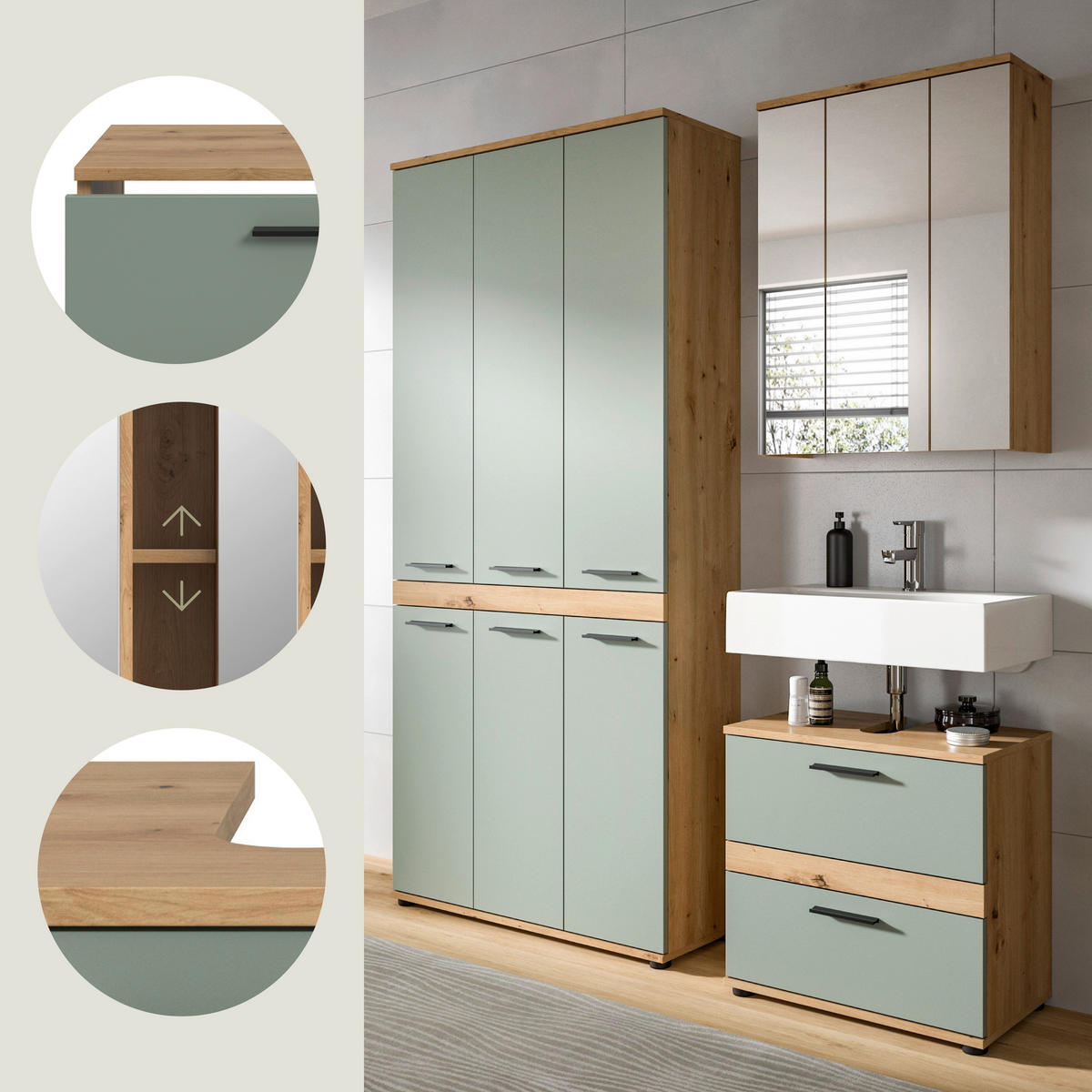 BADRUM 165 cm  - svart/ek Artisan, Trend, trämaterial/glas (165cm) - MID.YOU