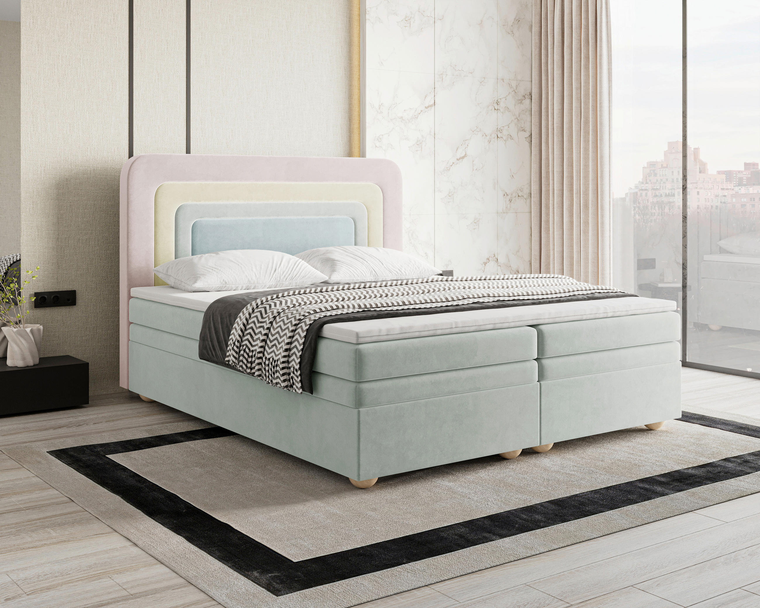 BOXBETT 180/200 cm,  in Rosa, Hellgrün, Mintgrün, gepolstertes Kopfteil, Bettkasten, Topper, H2 + H3 = mittel + fest  - Braun/Rosa, MODERN, Holz/Kunststoff (180/200cm) - Livetastic