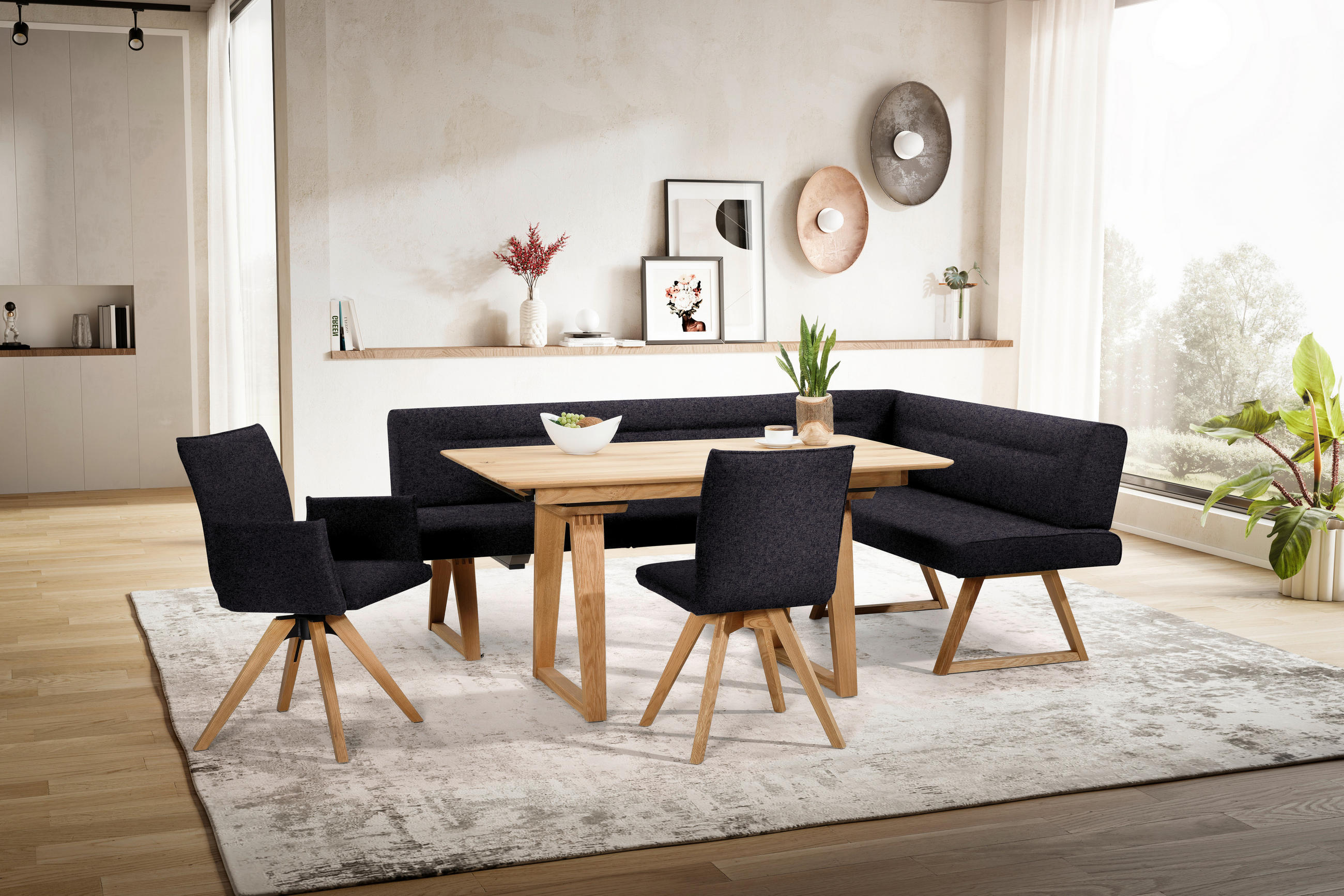 ECKBANK 230/170 cm Samt Anthrazit, Eichefarben Wildeiche massiv   - Eichefarben/Anthrazit, KONVENTIONELL, Holz/Textil (230/170cm) - Moderano