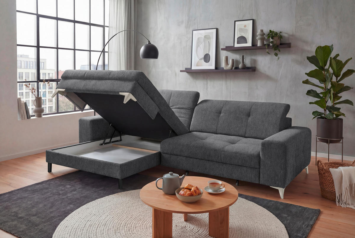 ECKSOFA SORELLA Anthrazit Mikrovelours Kopfteilverstellung, Sitztiefenverstellung  - Kaschmir/Anthrazit, Design, Kunststoff/Textil (182/328cm) - MID.YOU