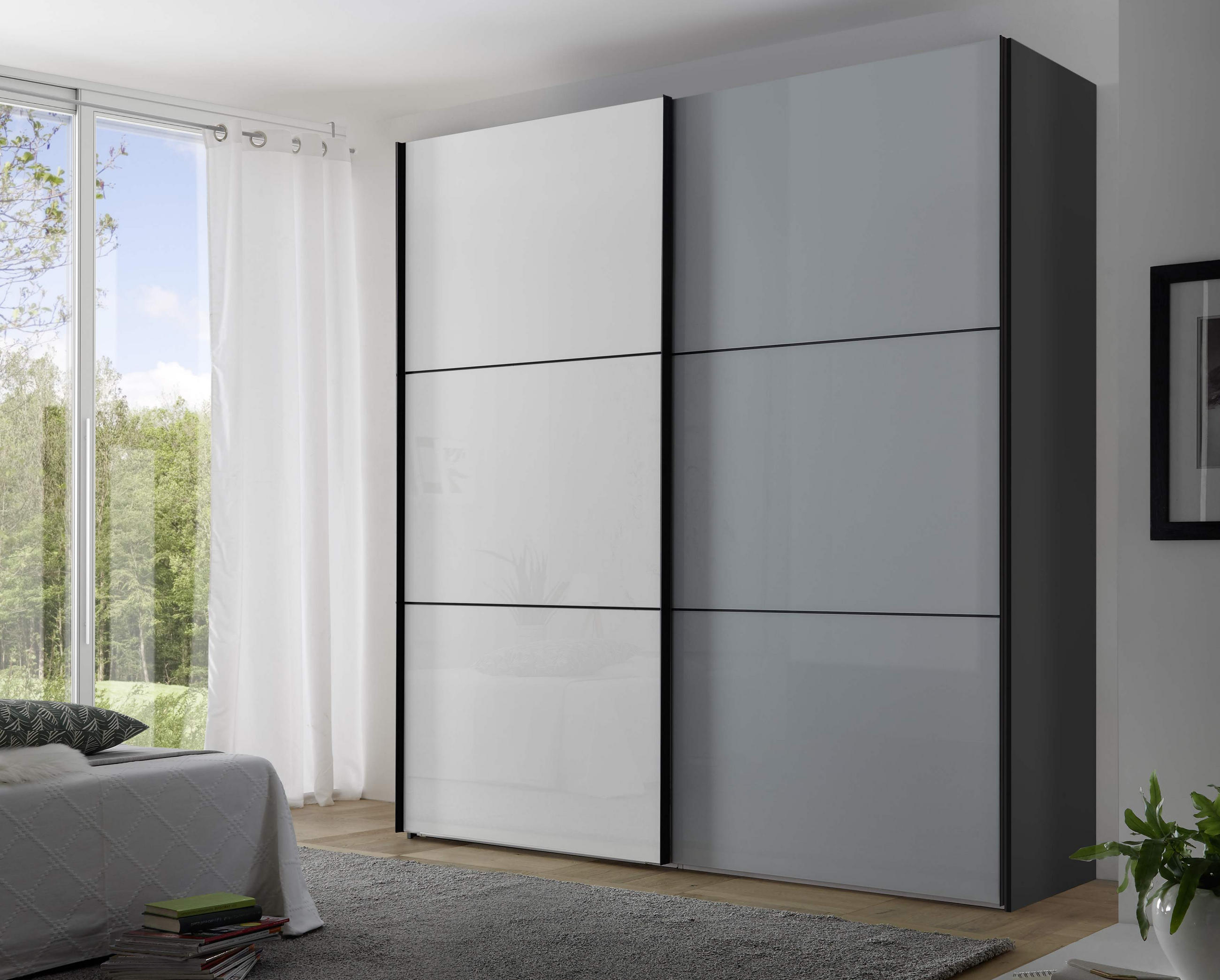 Schwebetürenschrank Glasfront 200 Cm Includo, Hellgrau/weiß