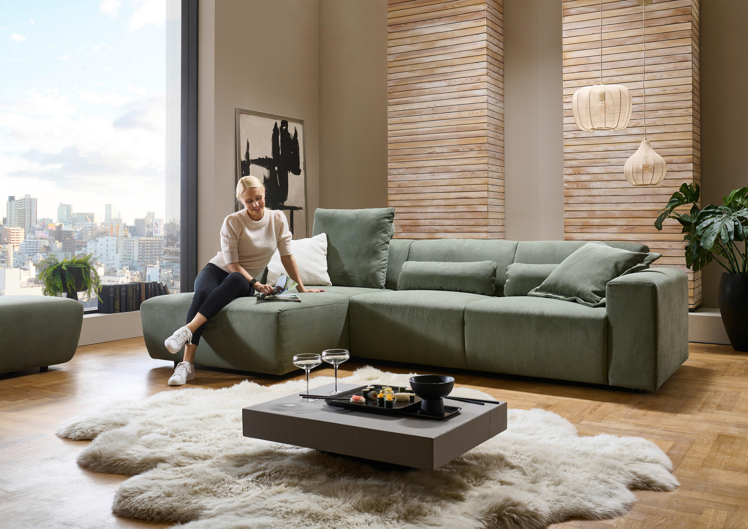 ECKSOFA in Feincord Waldgrün  - Waldgrün/Schwarz, Design, Kunststoff/Textil (174/302cm) - Beldomo Style