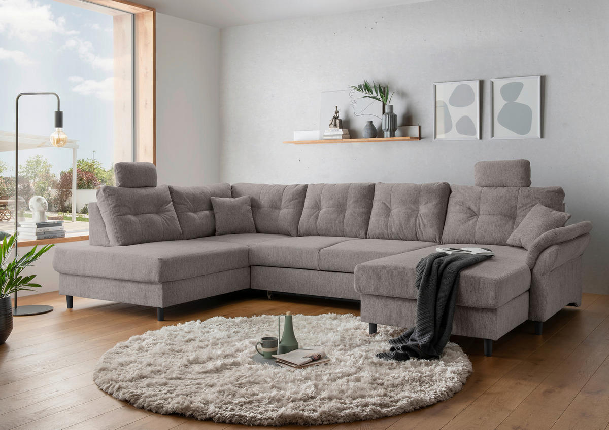WOHNLANDSCHAFT in Chenille Graubraun  - Graubraun/Schwarz, Modern, Holz/Textil (206/338/176cm) - Livetastic