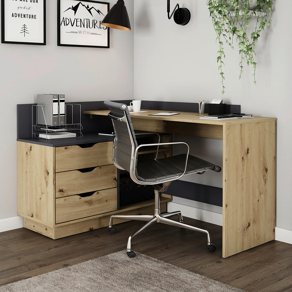 ECKSCHREIBTISCH  Anthrazit, Eiche Artisan Stauraum, seitenverkehrt montierbar  - Anthrazit/Eiche Artisan, LIFESTYLE, Holzwerkstoff (129/105/84cm) - MID.YOU