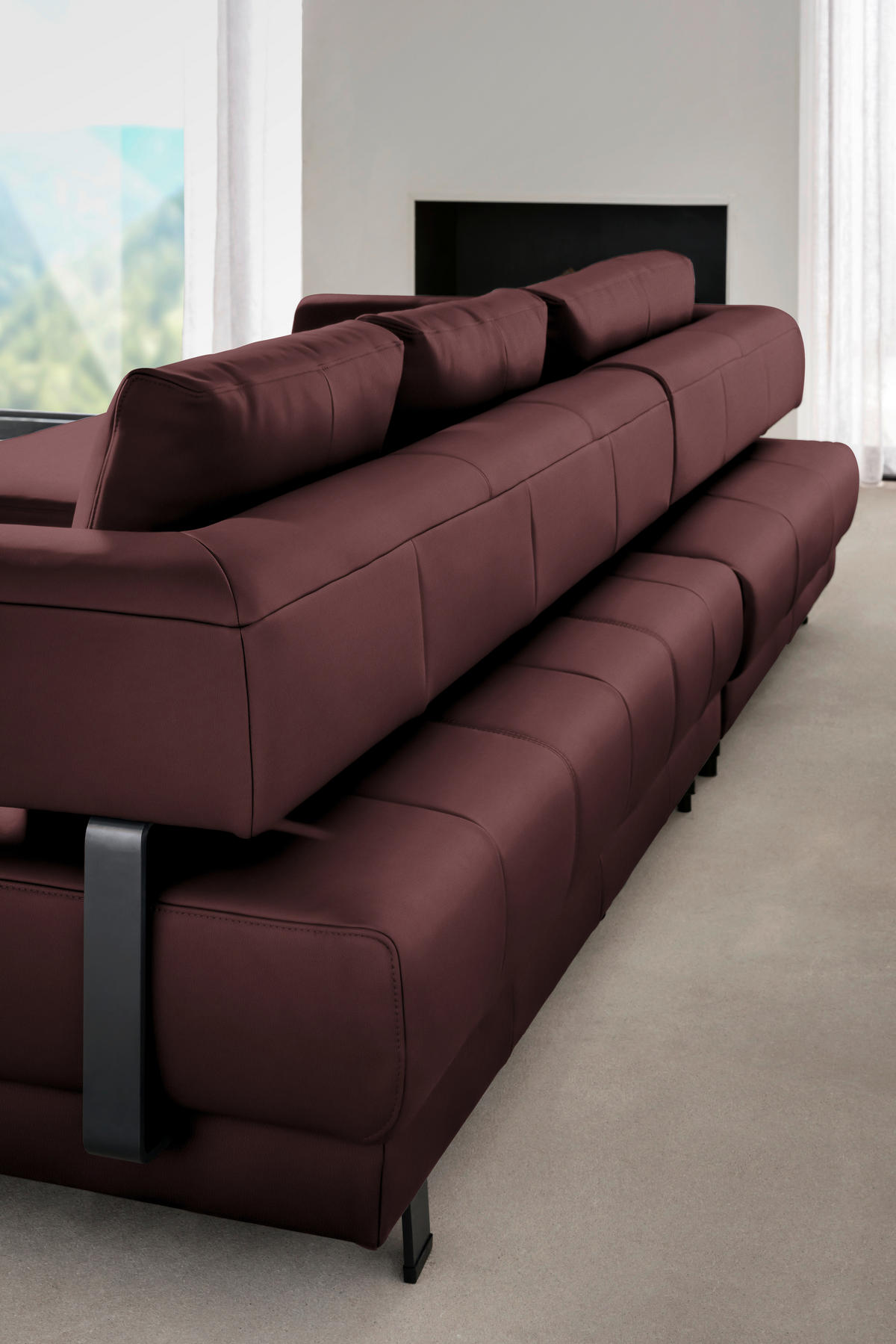 ECKSOFA in Echtleder Bordeaux  - Bordeaux/Schwarz, Design, Leder/Metall (188/307cm)