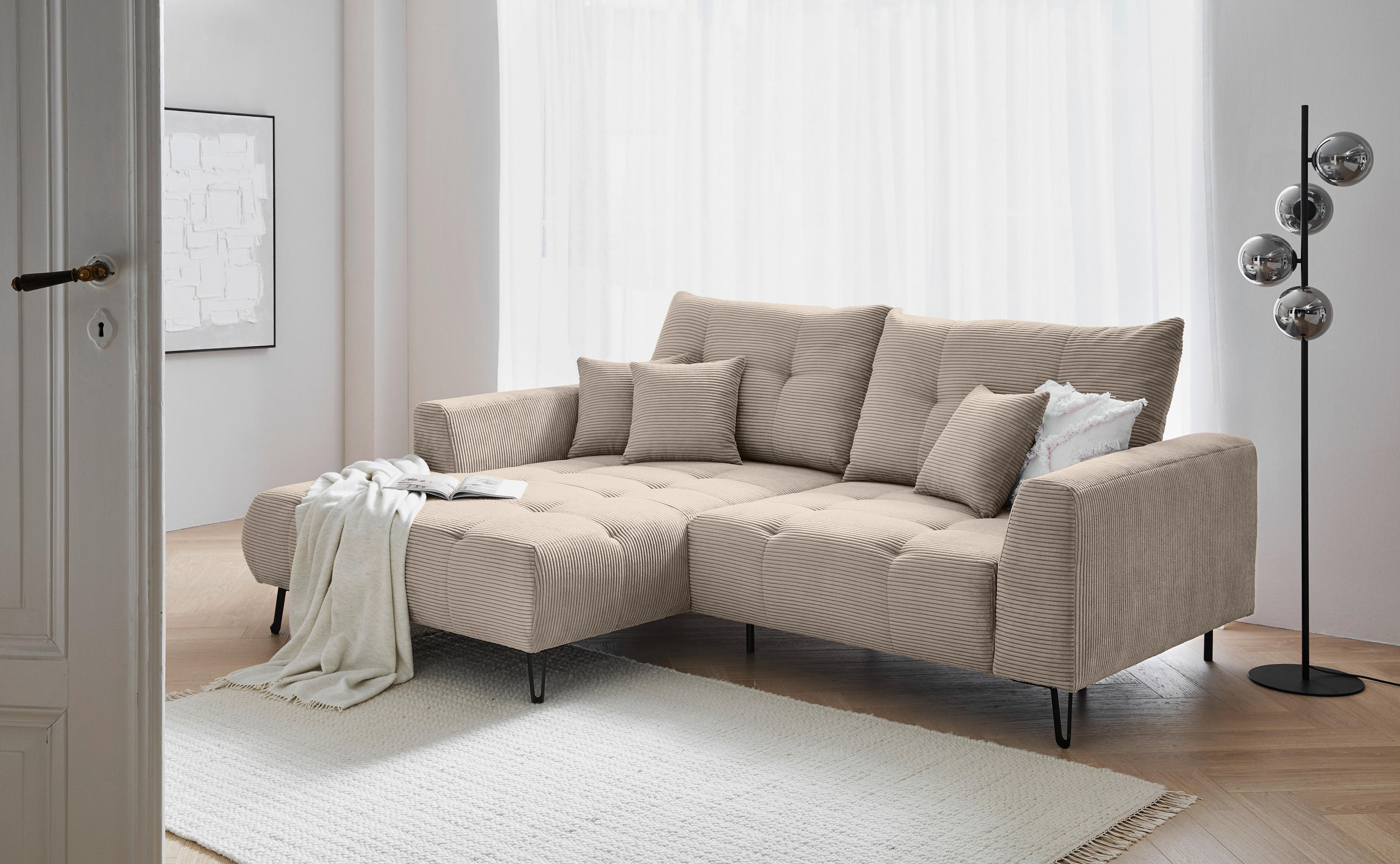 ECKSOFA Taupe Cord  - Taupe/Schwarz, KONVENTIONELL, Textil/Metall (185/250cm) - Carryhome