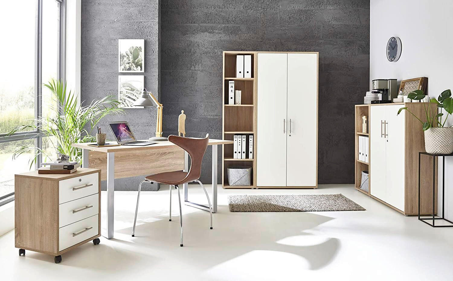 BÜRO erweiterbar, abschließbar Weiß, Sonoma Eiche - Weiß/Sonoma Eiche, MODERN, Holzwerkstoff/Metall - MID.YOU