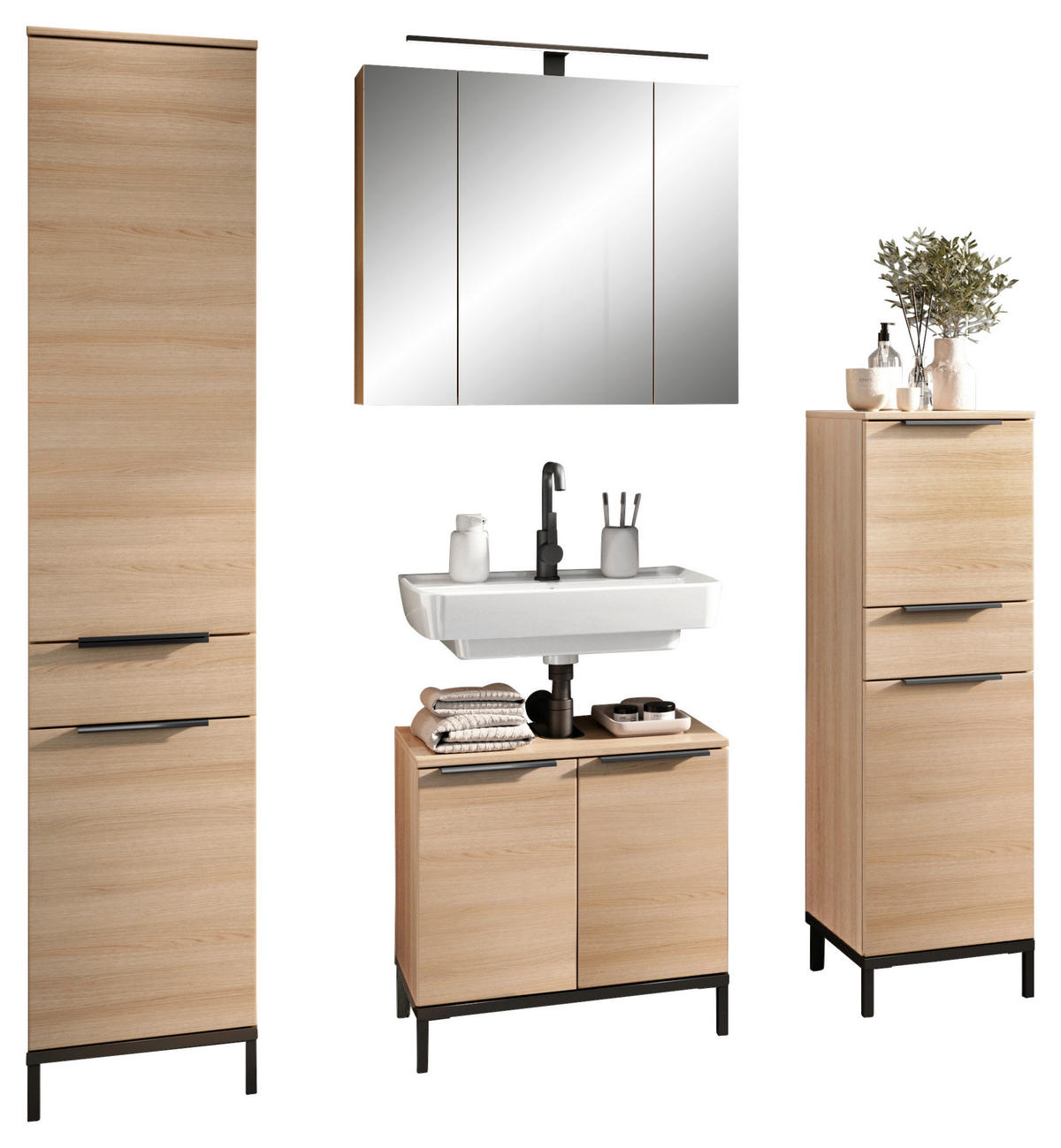 SKŘÍŇKA POD UMYVADLO, barvy dubu, 60/58/38 cm - černá/barvy dubu, Moderní, kov/kompozitní dřevo (60/58/38cm) - Xora