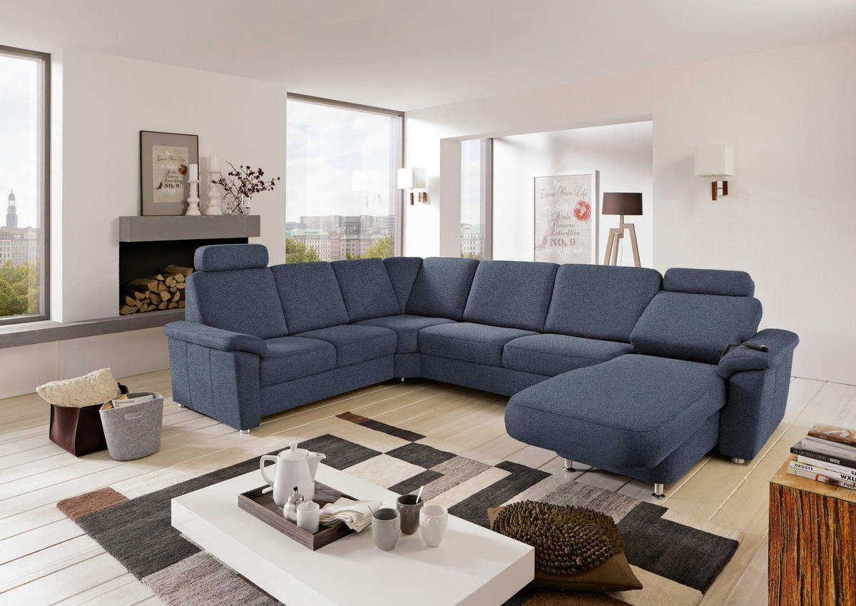 WOHNLANDSCHAFT Blau Flachgewebe  - Chromfarben/Blau, KONVENTIONELL, Textil/Metall (240/330/163cm) - Beldomo System