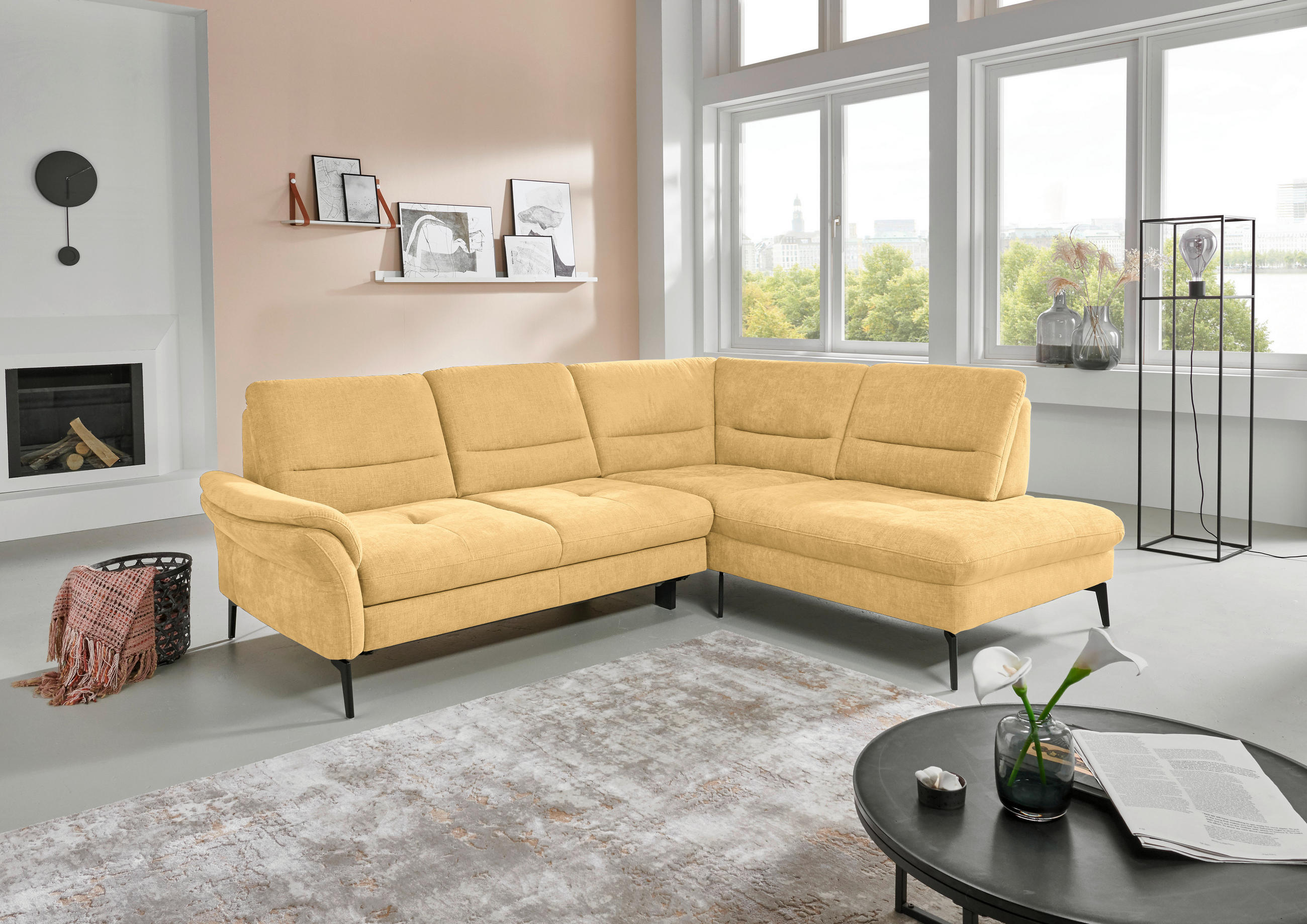 ECKSOFA in Webstoff Gelb  - Gelb/Schwarz, Design, Textil/Metall (256/206cm) - Beldomo System