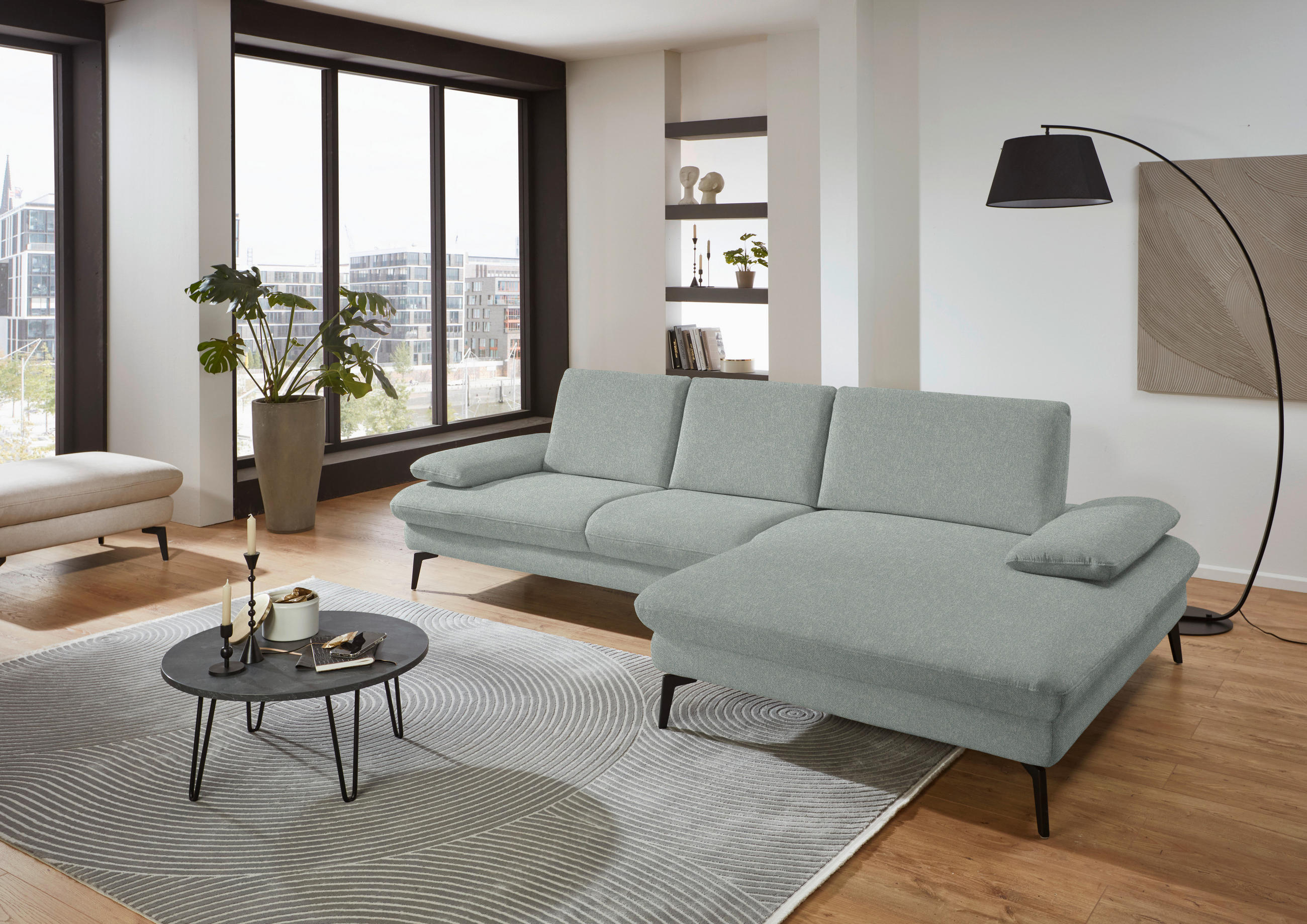 ECKSOFA in Chenille, Mikrofaser Hellblau, Salbeigrün  299/157 cm  - Salbeigrün/Schwarz, Design, Textil/Metall (299/157cm) - Dieter Knoll