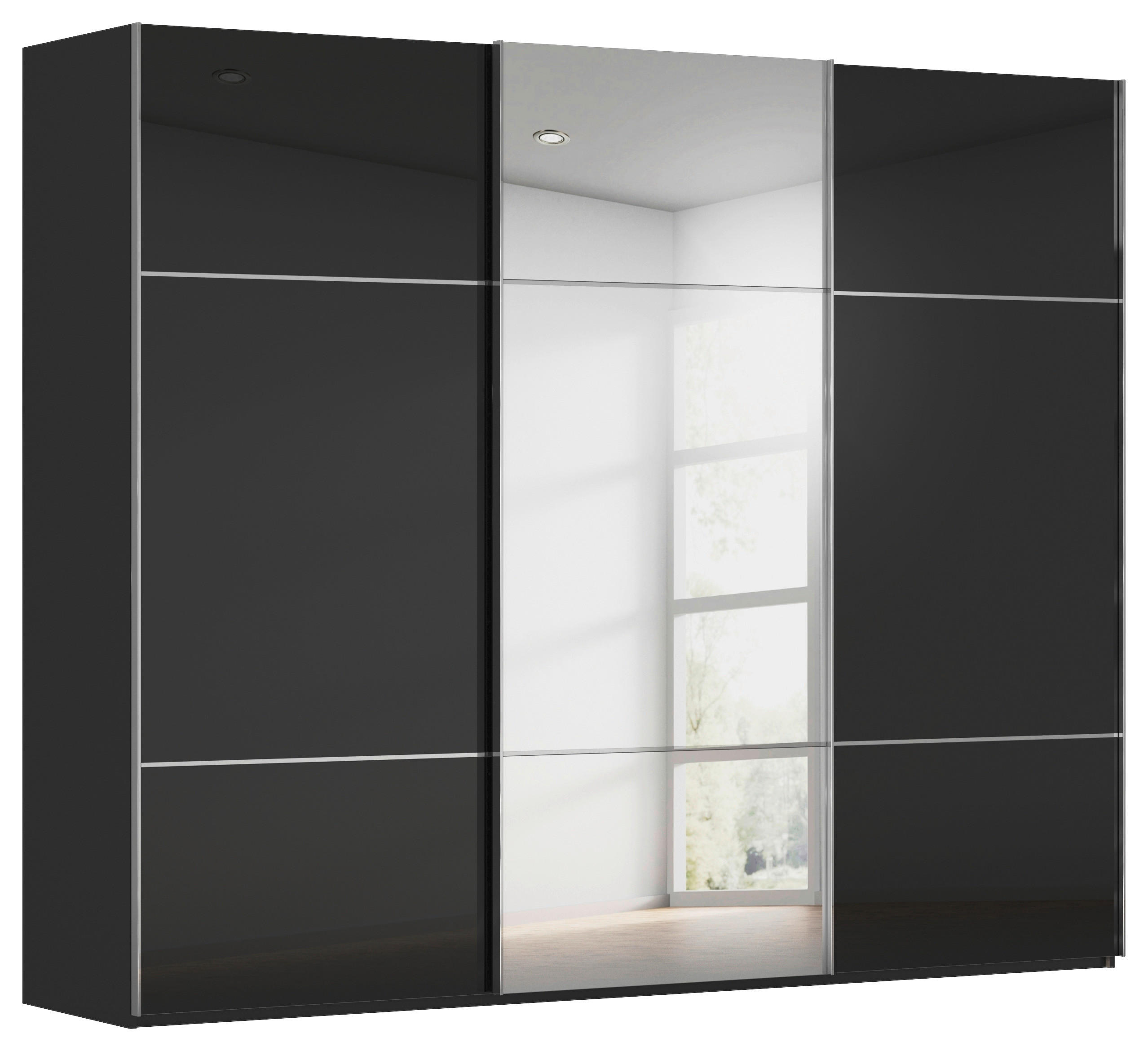 SCHWEBETÜRENSCHRANK 301/223/68 cm 3-türig Schwarz  - Chromfarben/Schwarz, KONVENTIONELL, Glas/Holzwerkstoff (301/223/68cm) - Novel