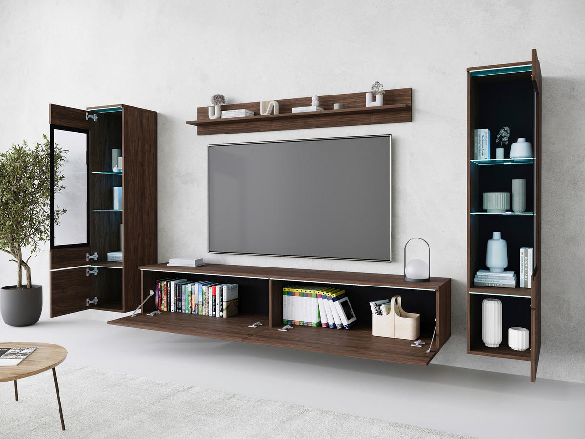 Set Mobilă Living, 4 piese, culoare lemn de nuc, 240/130/33 cm - culoare lemn de nuc/gri, Lifestyle, plastic/sticlă (240/130/33cm) - P & B