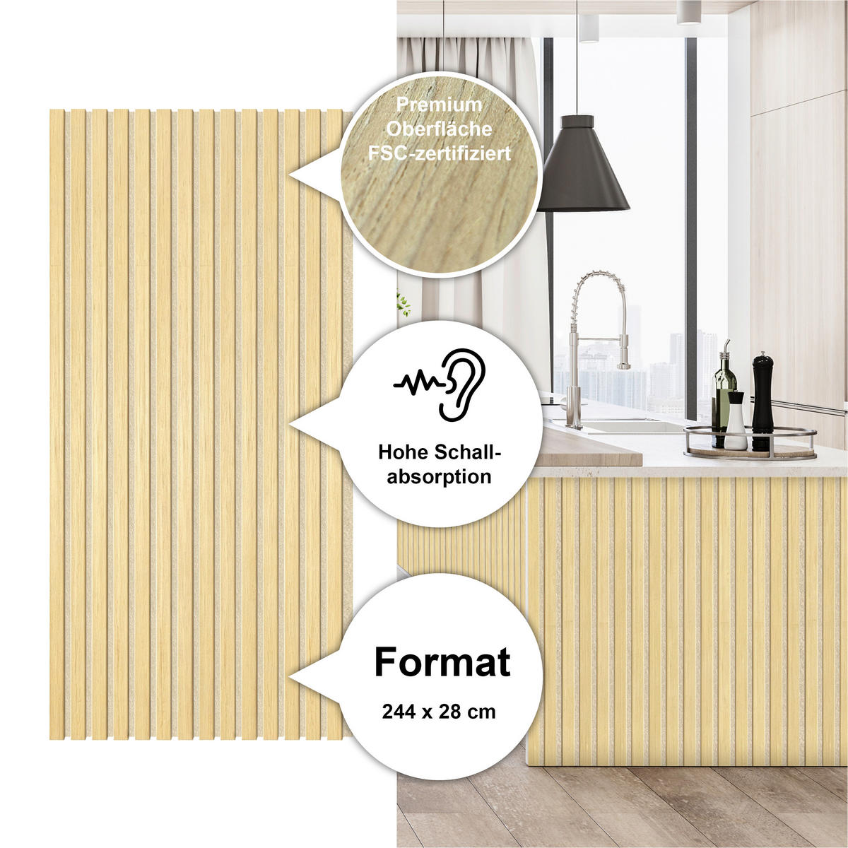 AKUSTIKPANEEL Economico  - Eichefarben, Basics, Holz/Kunststoff (120/56/1,8cm) - Novel