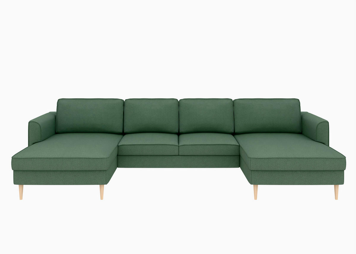 WOHNLANDSCHAFT Dunkelgrün Struktur  - Dunkelgrün/Buchefarben, MODERN, Holz/Textil (161/306/161cm) - Trendmanufaktur