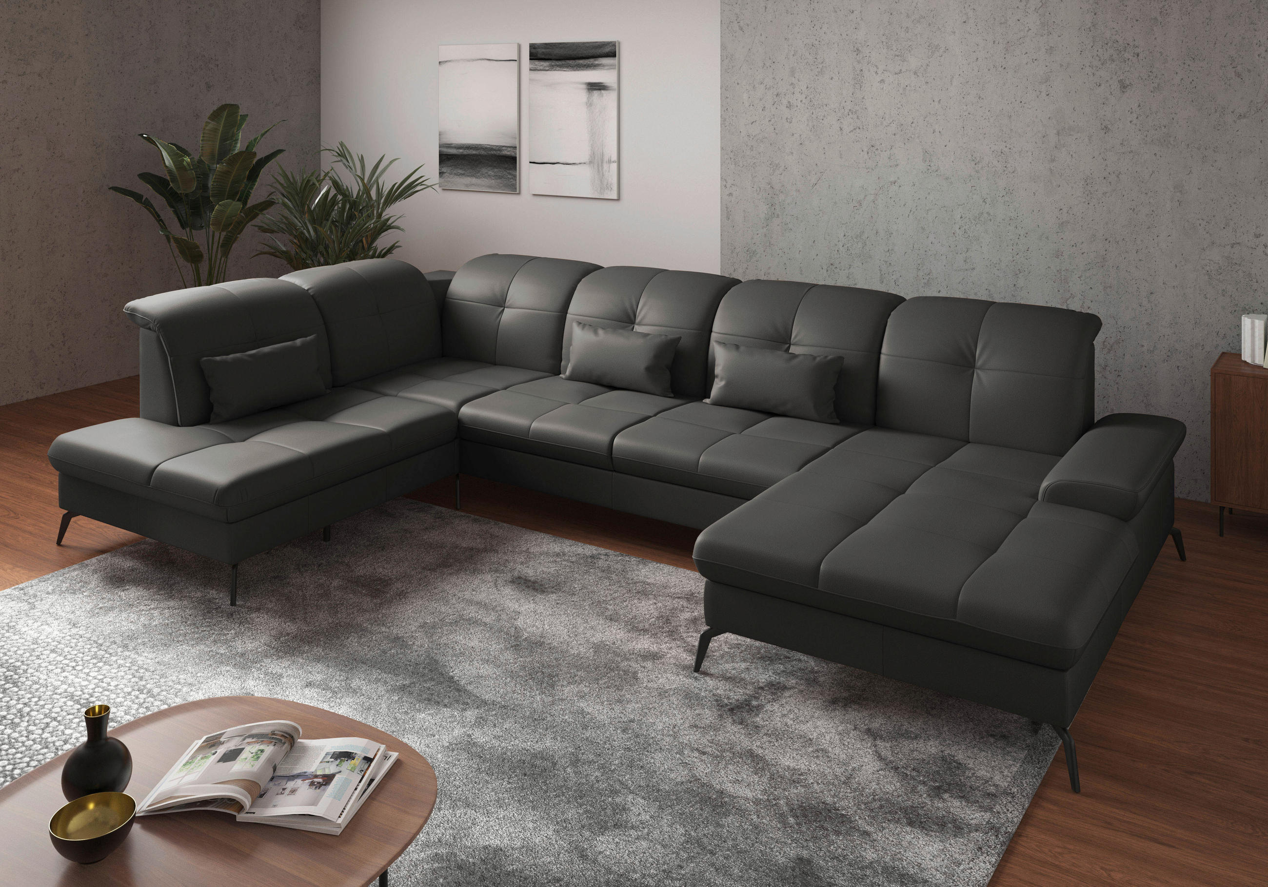 WOHNLANDSCHAFT in Echtleder Anthrazit - Anthrazit/Schwarz, Konventionell, Leder/Metall (231/357/185cm) - Sit & More