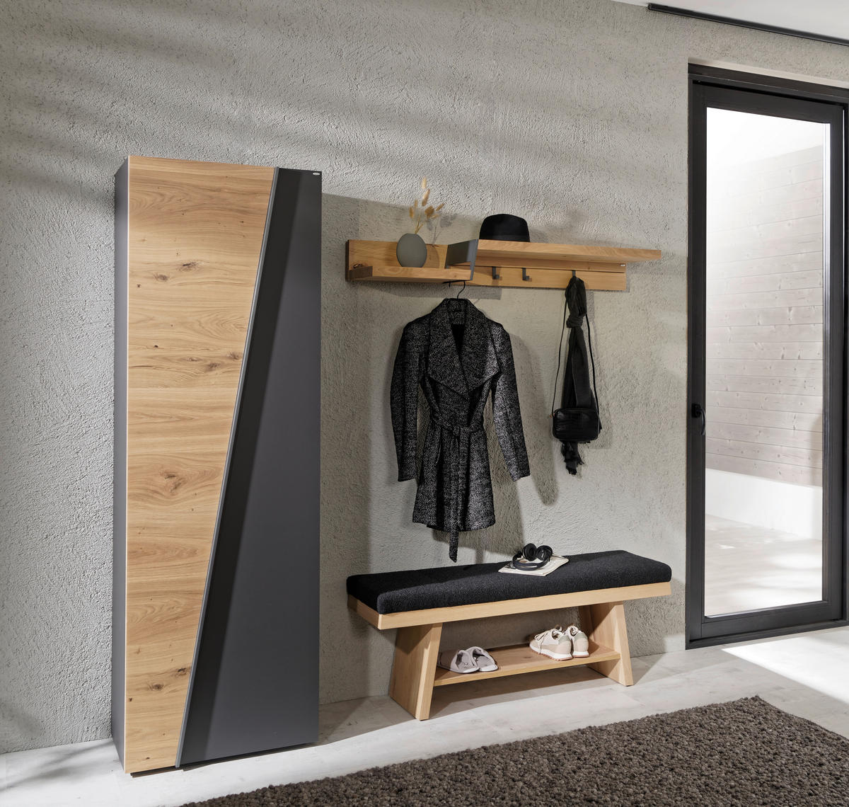GARDEROBENBANK  in 128,1/49/39,1 cm  - Wildeiche/Schwarz, Natur, Holz/Textil (128,1/49/39,1cm) - Voglauer