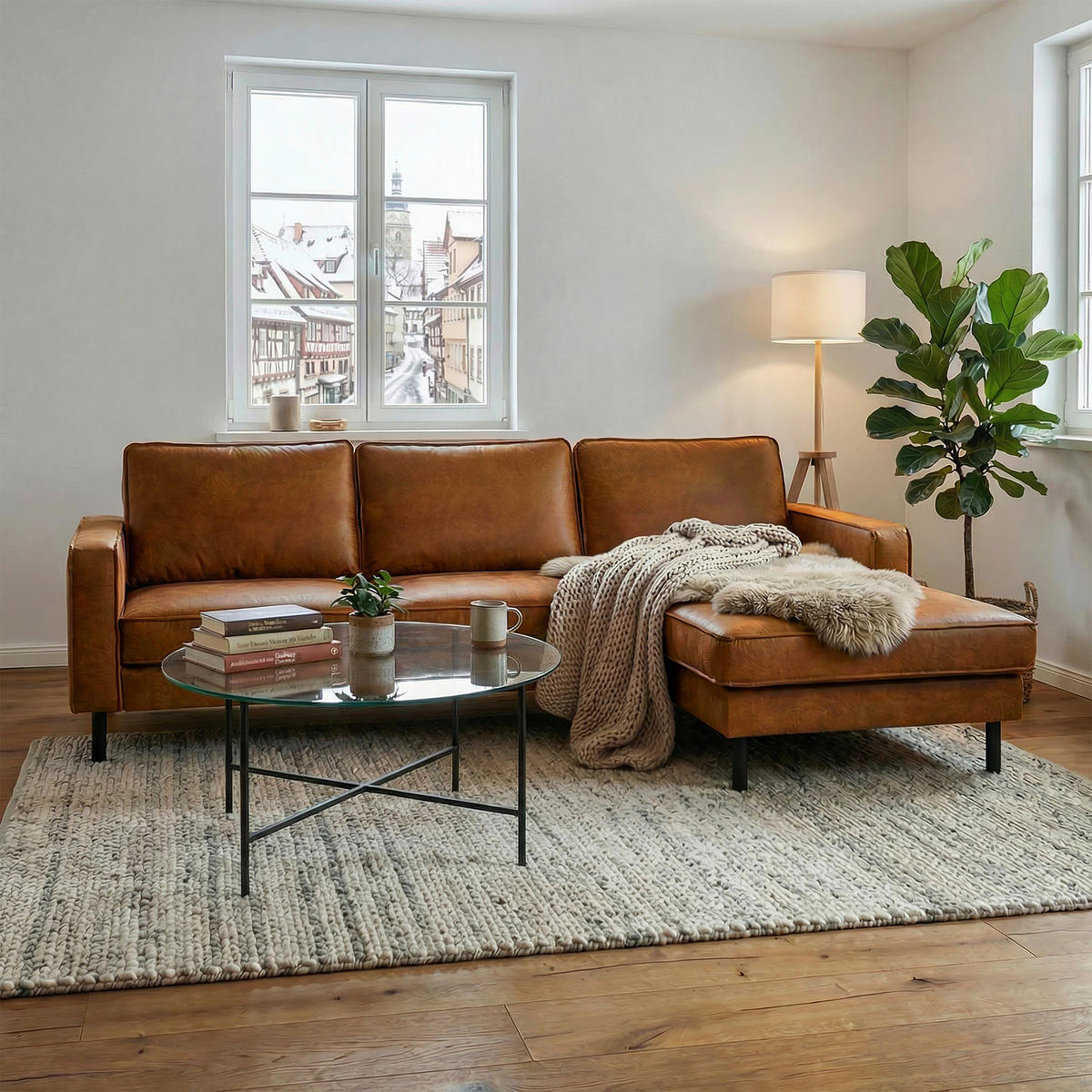 ECKSOFA  in Echtleder Cognac Rücken echt  238/166 cm  - Cognac/Schwarz, Design, Leder/Metall (238/166cm) - Livetastic