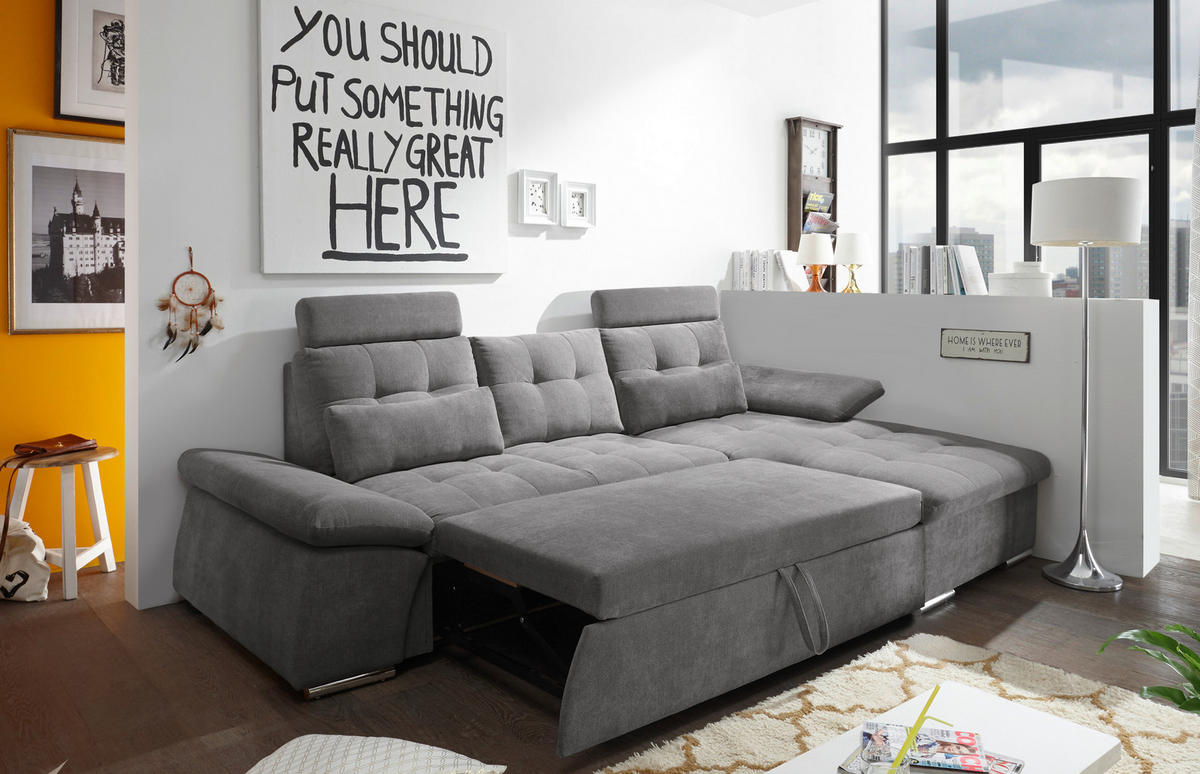 ECKSOFA Grau Mikrovelours  - Silberfarben/Grau, KONVENTIONELL, Kunststoff/Textil (268/170cm) - MID.YOU
