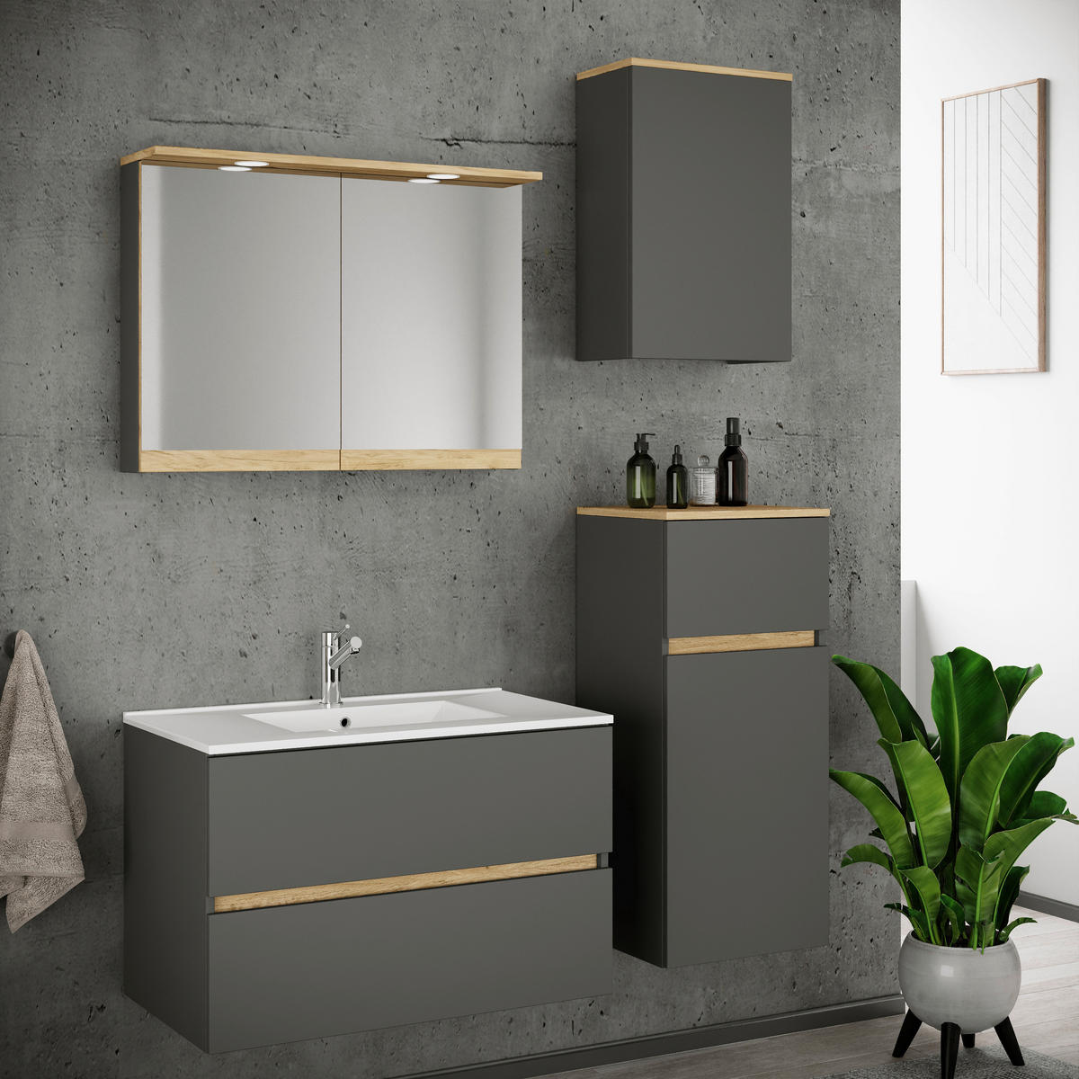 BADEZIMMER 5-teilig  in 121 cm  - Honigeiche/Anthrazit, Trend, Keramik/Holzwerkstoff (121cm) - MID.YOU