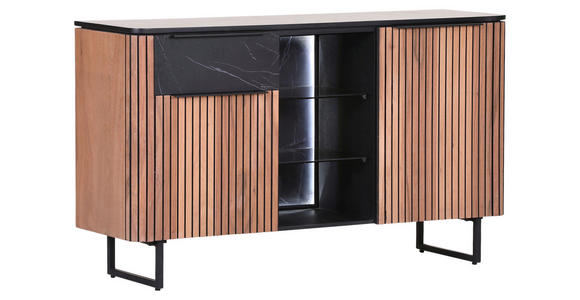 SIDEBOARD furniert Naturfarben, Akaziefarben, Schwarz Beleuchtung, Einlegeböden  - Schwarz/Naturfarben, LIFESTYLE, Glas/Holzwerkstoff (135/80/42cm) - Landscape