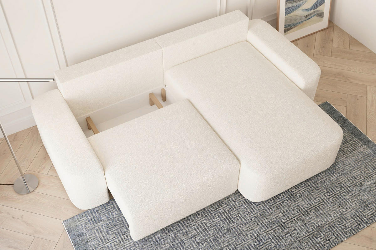 ECKSOFA OVAL Elfenbein Bouclé Rückenkissen, Schlaffunktion, Rücken echt, Stauraum  - Elfenbein/Schwarz, Design, Kunststoff/Textil (268/110cm) - MID.YOU