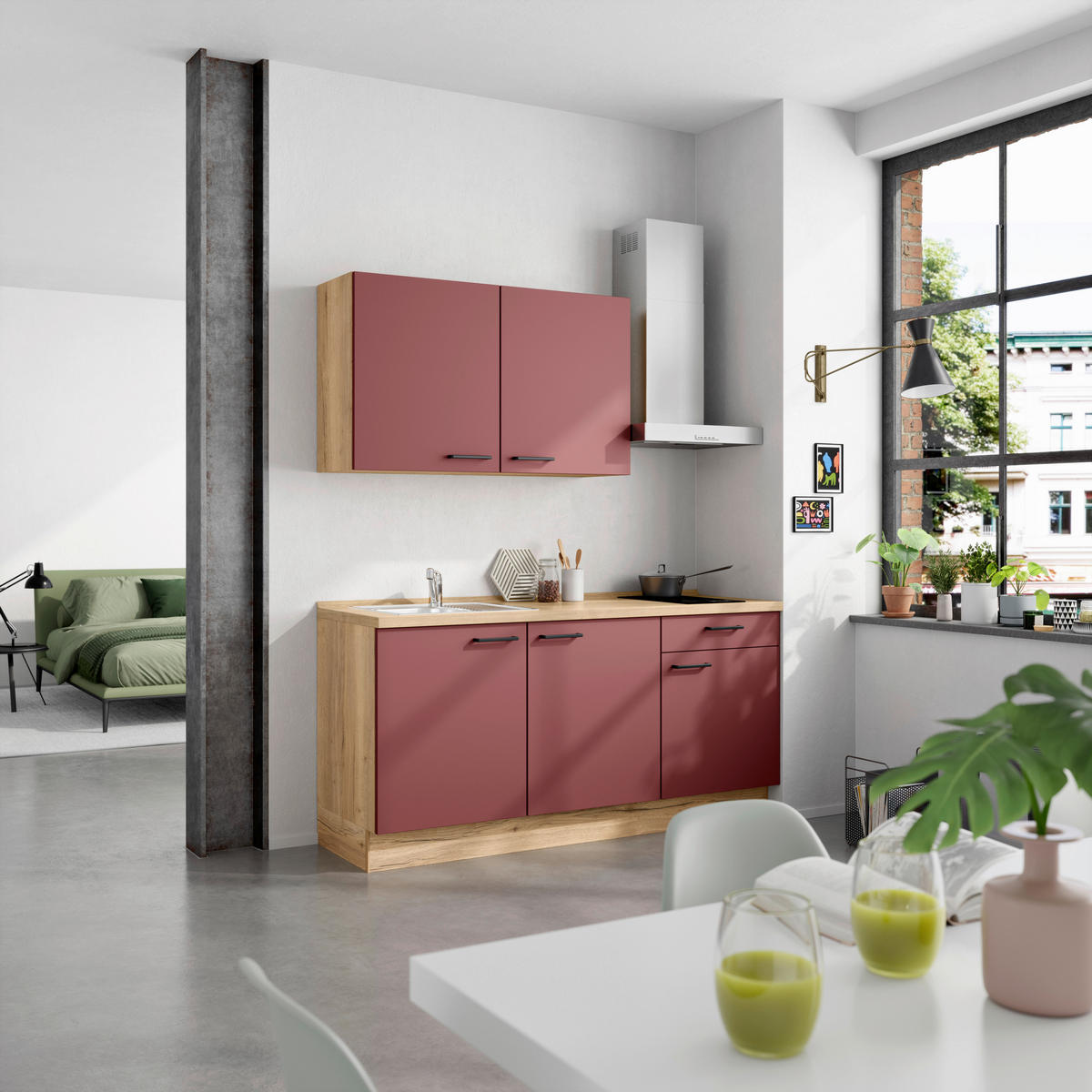 KÜCHENLEERBLOCK 180 cm   in Rot, Eichefarben  - Eichefarben/Rot, MODERN, Holzwerkstoff/Metall (180cm) - Nobilia
