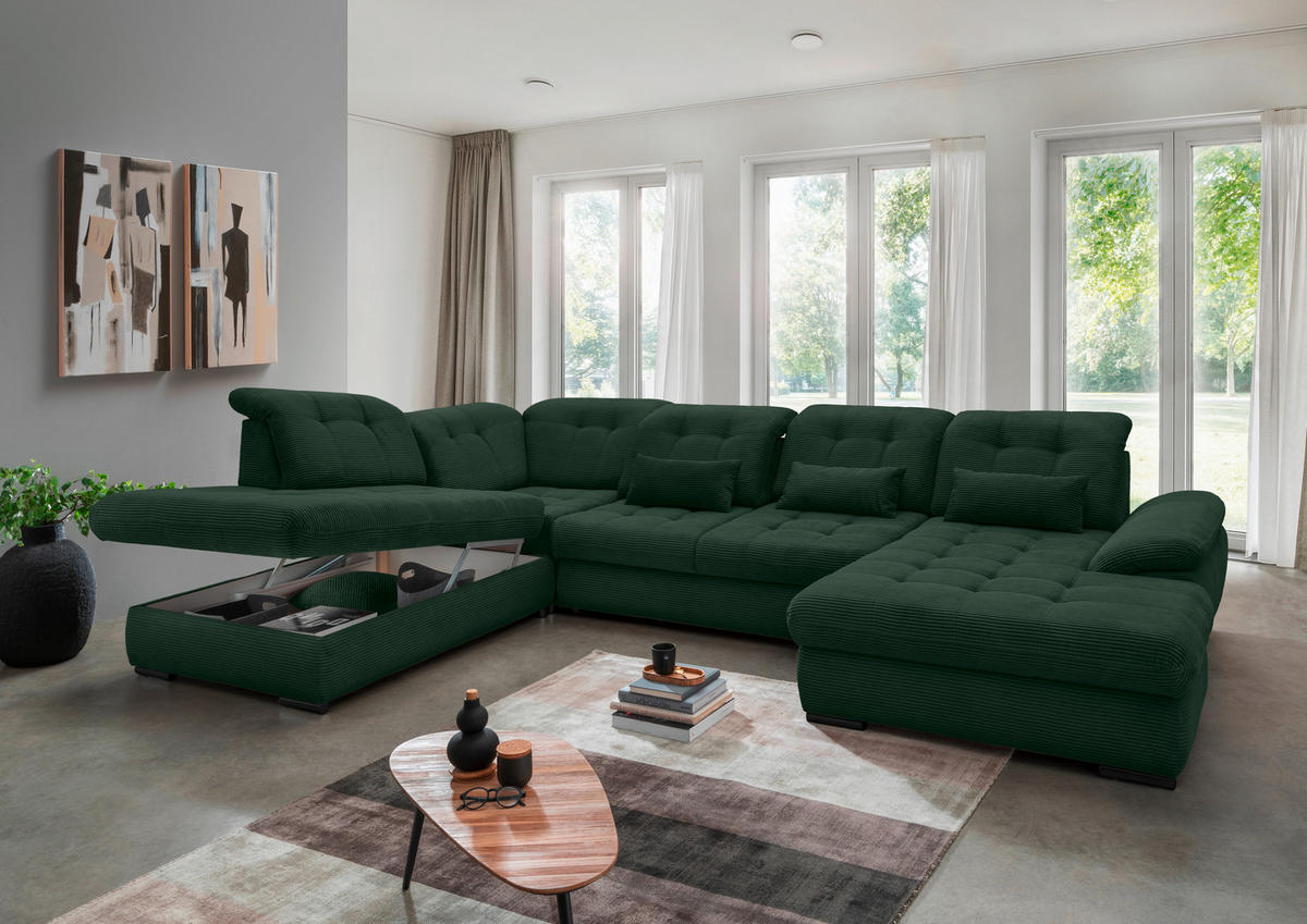 WOHNLANDSCHAFT in Cord Dunkelgrün  - Dunkelgrün/Schwarz, Modern, Textil/Metall (252/387/184cm) - Livetastic