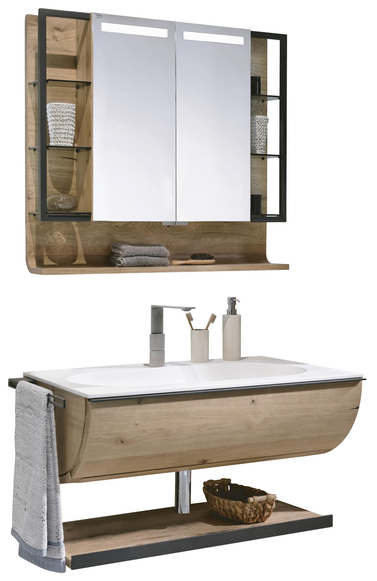 BADEZIMMER 4-teilig  in 96 cm  - Eichefarben/Weiß, KONVENTIONELL, Glas/Holz (96cm) - Voglauer