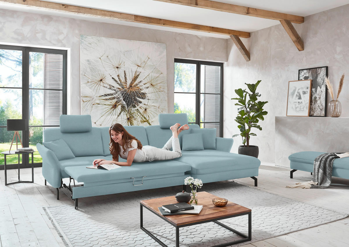 ECKSOFA in Velours Hellblau  - Schwarz/Hellblau, Design, Textil/Metall (306/179cm) - Beldomo System