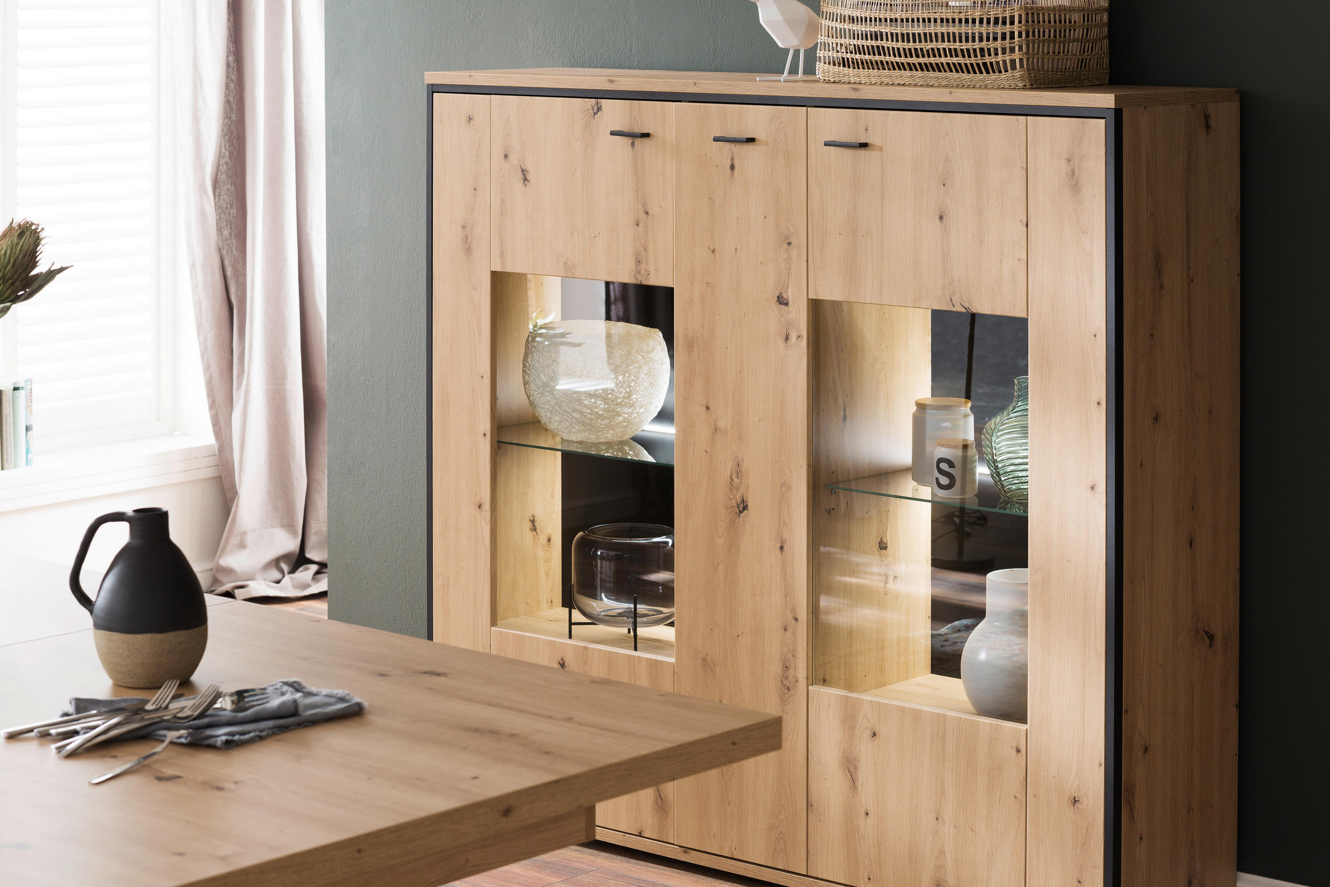 HIGHBOARD Skopje  in 153/143/38 cm  - Eichefarben/Anthrazit, Design, Glas/Holzwerkstoff (153/143/38cm) - MID.YOU