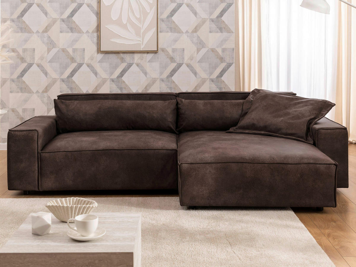 ECKSOFA Curduroy in Lederlook Dunkelbraun Rückenkissen  251/142 cm  - Dunkelbraun/Schwarz, Design, Kunststoff/Textil (251/142cm) - P & B