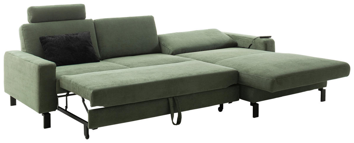 ECKSOFA in Cord Olivgrün  - Schwarz/Olivgrün, Design, Textil/Metall (298/185cm) - Pure Home Lifestyle