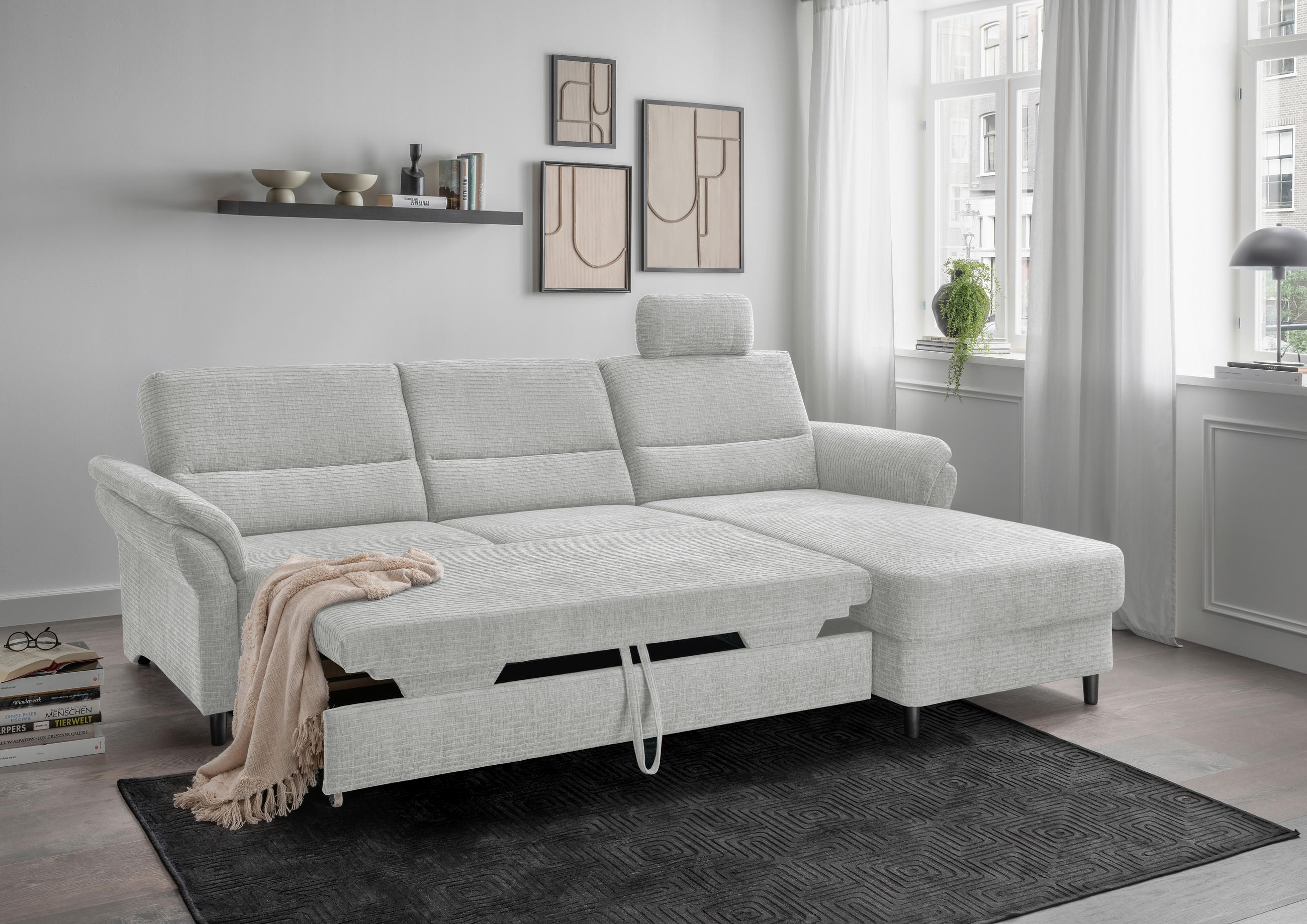 ECKSOFA Weiß Mikrofaser  - Schwarz/Weiß, MODERN, Holz/Textil (279/176cm) - Livetastic