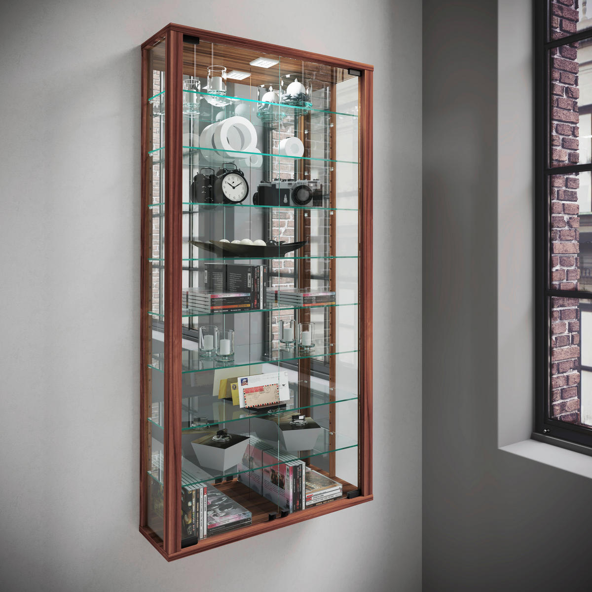 HÄNGEVITRINE in Nussbaumfarben  - Nussbaumfarben/Schwarz, Modern, Glas/Holzwerkstoff (59/114,3/18cm) - MID.YOU