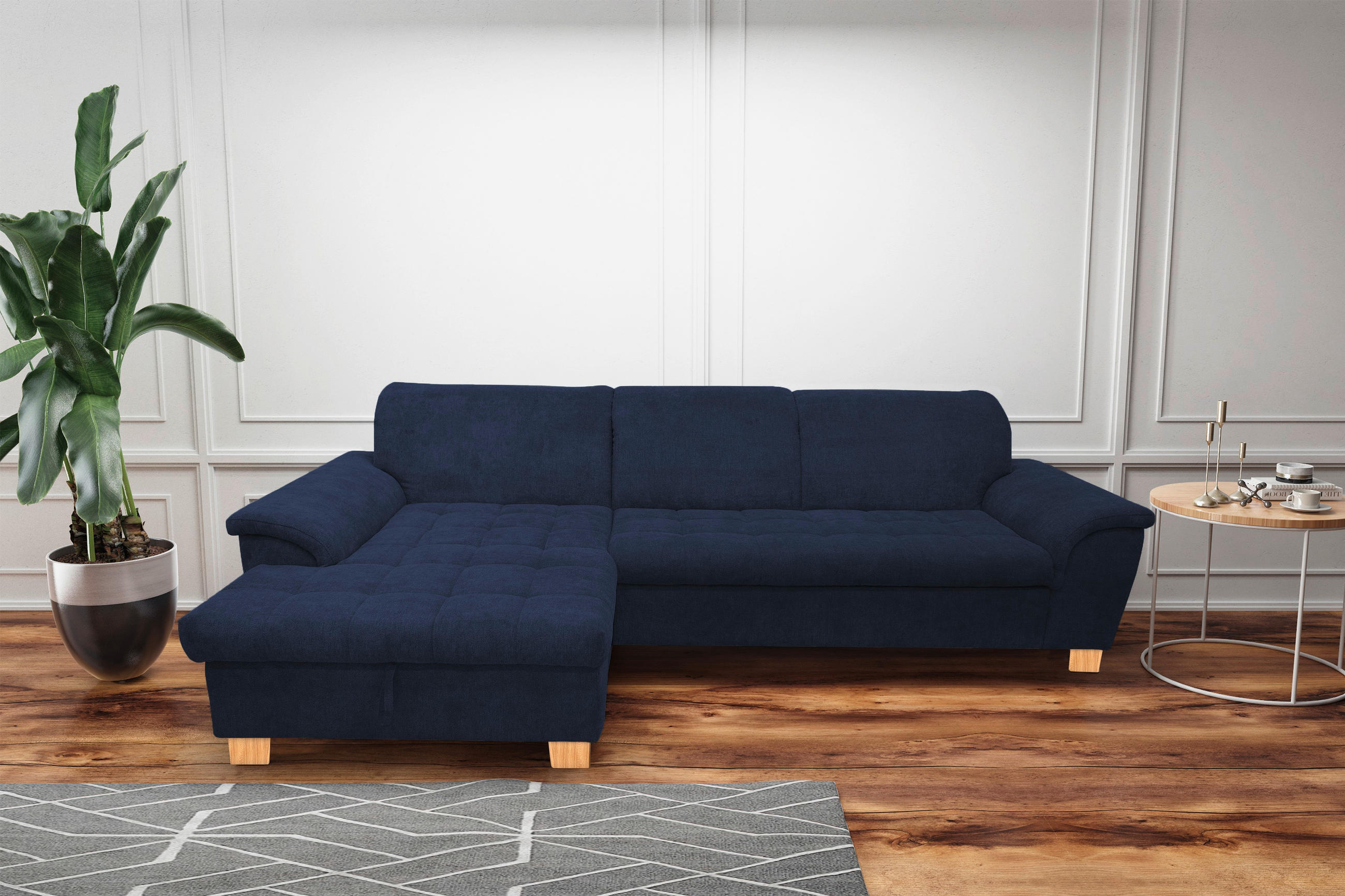 ECKSOFA Dunkelblau Mikrofaser  - Eichefarben/Dunkelblau, KONVENTIONELL, Holz/Textil (170/279cm) - MID.YOU