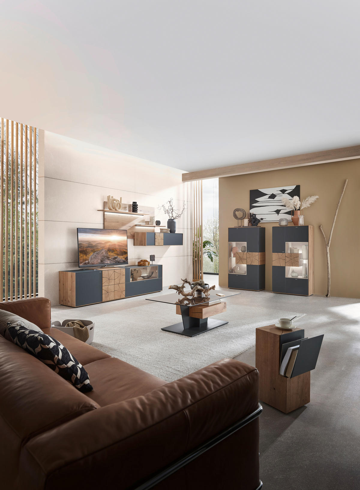 WOHNWAND  in Anthrazit, Eichefarben 327/196/49 cm  - Eichefarben/Anthrazit, Design, Glas/Holz (327/196/49cm) - Valnatura