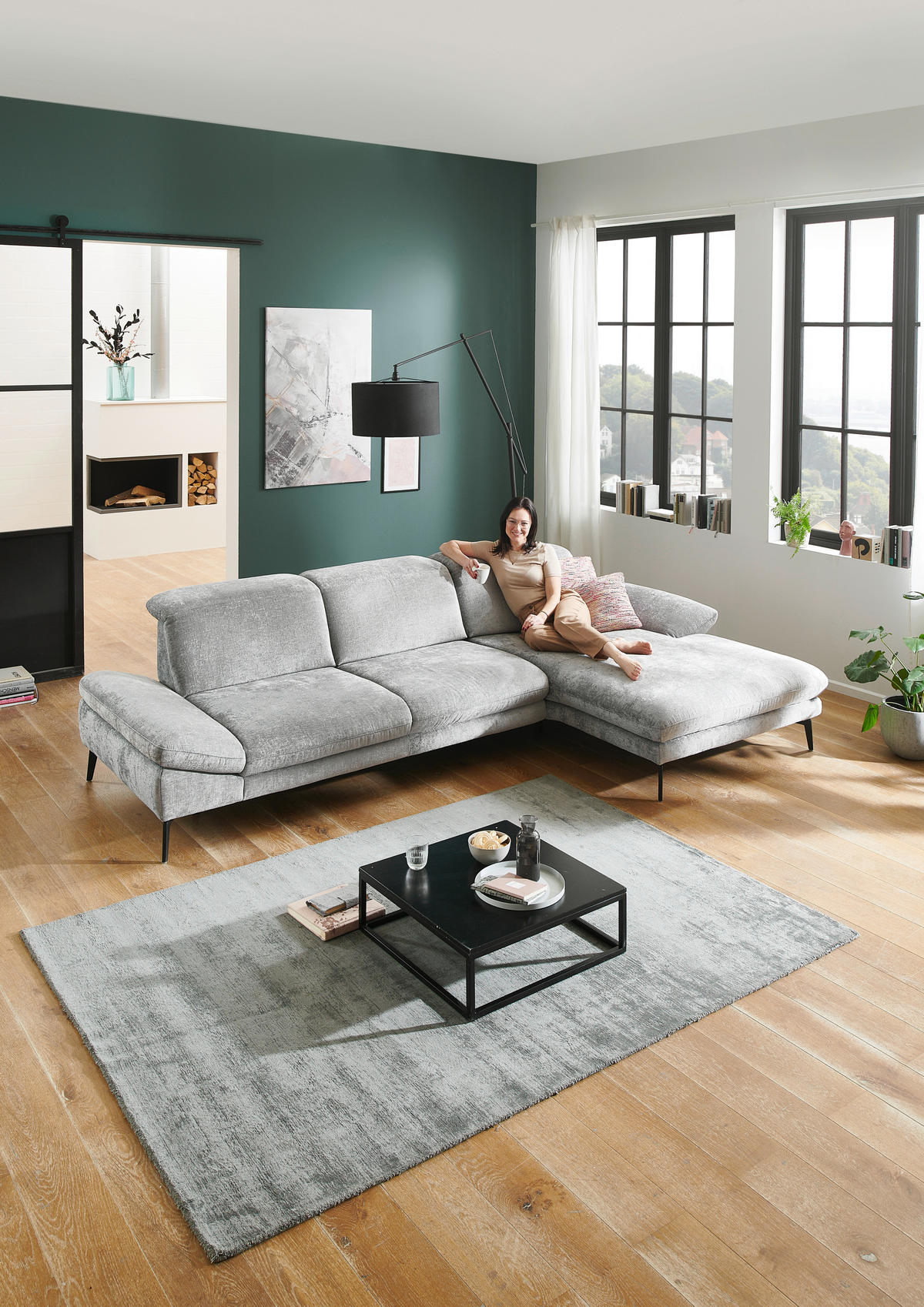 ECKSOFA in Chenille Grau  - Schwarz/Grau, Design, Textil/Metall (188/319cm) - Beldomo System