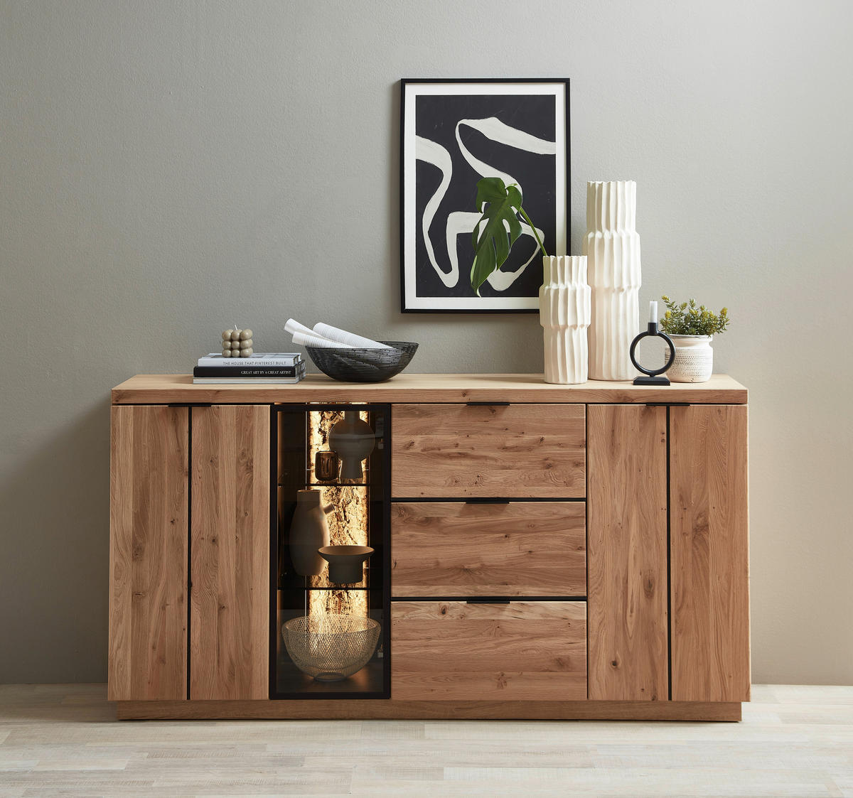 SIDEBOARD Schwarz, Wildeiche  180/93/48 cm  - Wildeiche/Schwarz, Natur, Glas/Holz (180/93/48cm) - Linea Natura