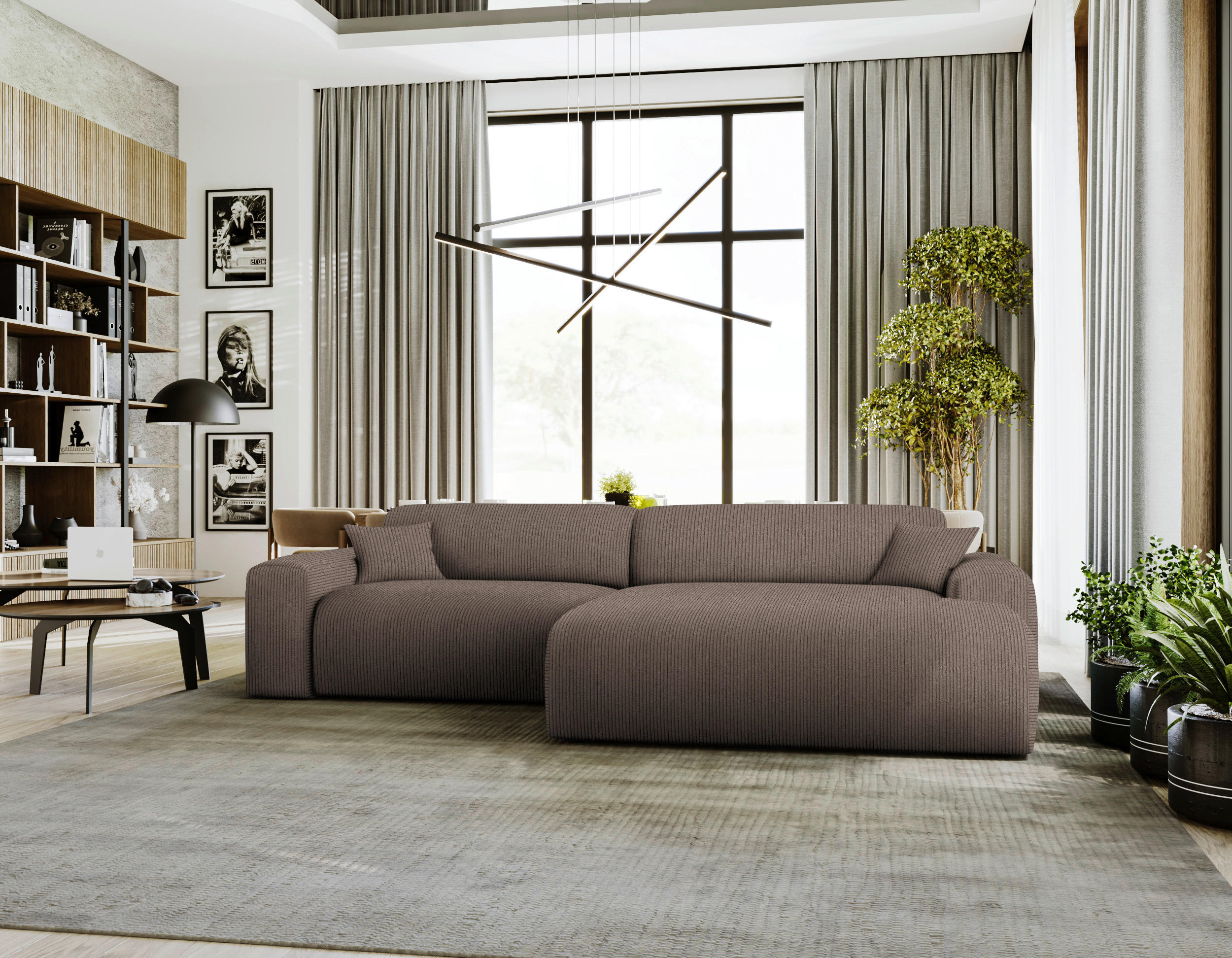 ECKSOFA in Velours, Feincord Braun  292/178 cm  - Schwarz/Braun, Design, Kunststoff/Textil (292/178cm) - home24