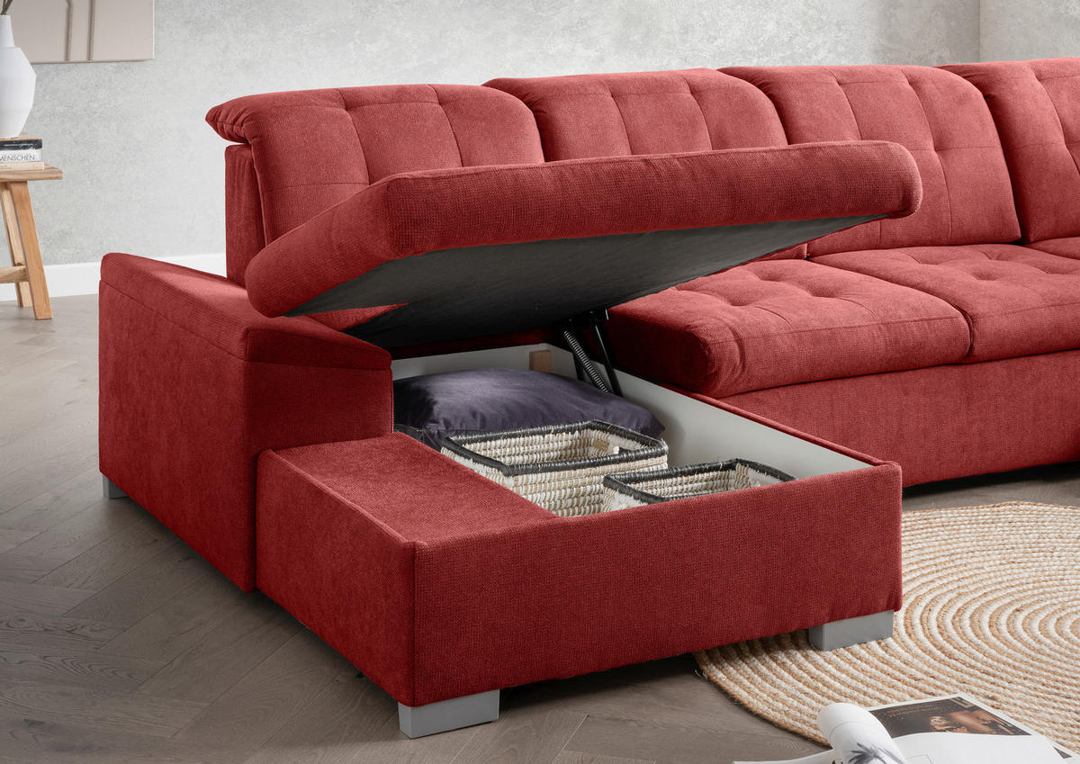 WOHNLANDSCHAFT in Mikrofaser Rot  - Chromfarben/Rot, Modern, Kunststoff/Textil (169/330/212cm) - Livetastic