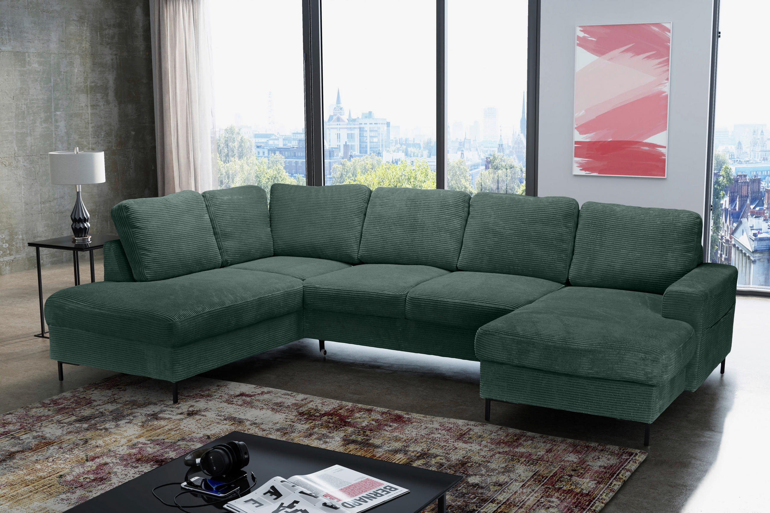 WOHNLANDSCHAFT Dunkelgrün Cord  - Dunkelgrün/Schwarz, KONVENTIONELL, Textil/Metall (197/303/148cm) - Carryhome